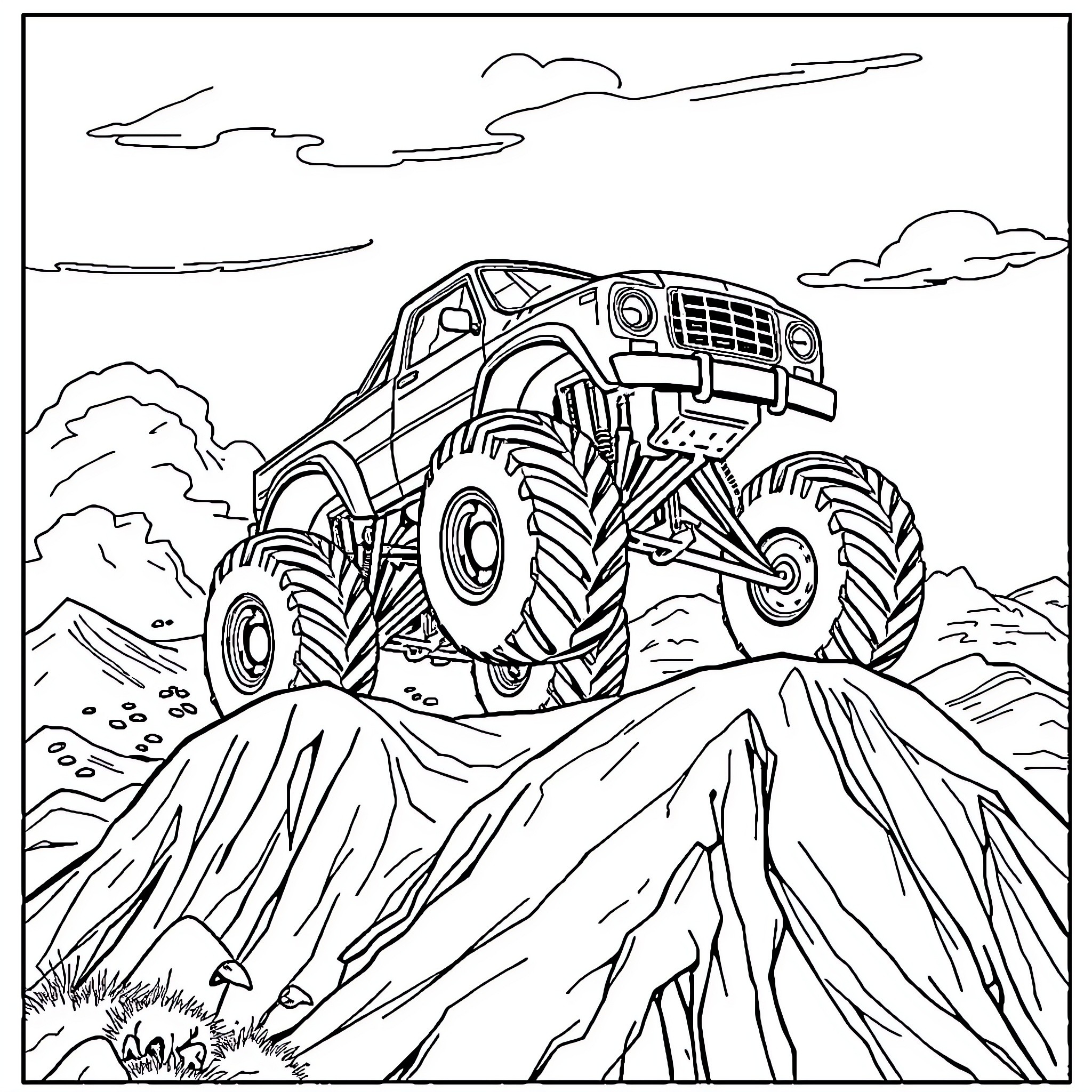 Monster Truck Conquering Rugged Terrain Coloring Page (free black-and-white line drawing printable PDF for all, from beginners to advanced learners, including children, teens, adults, and seniors)