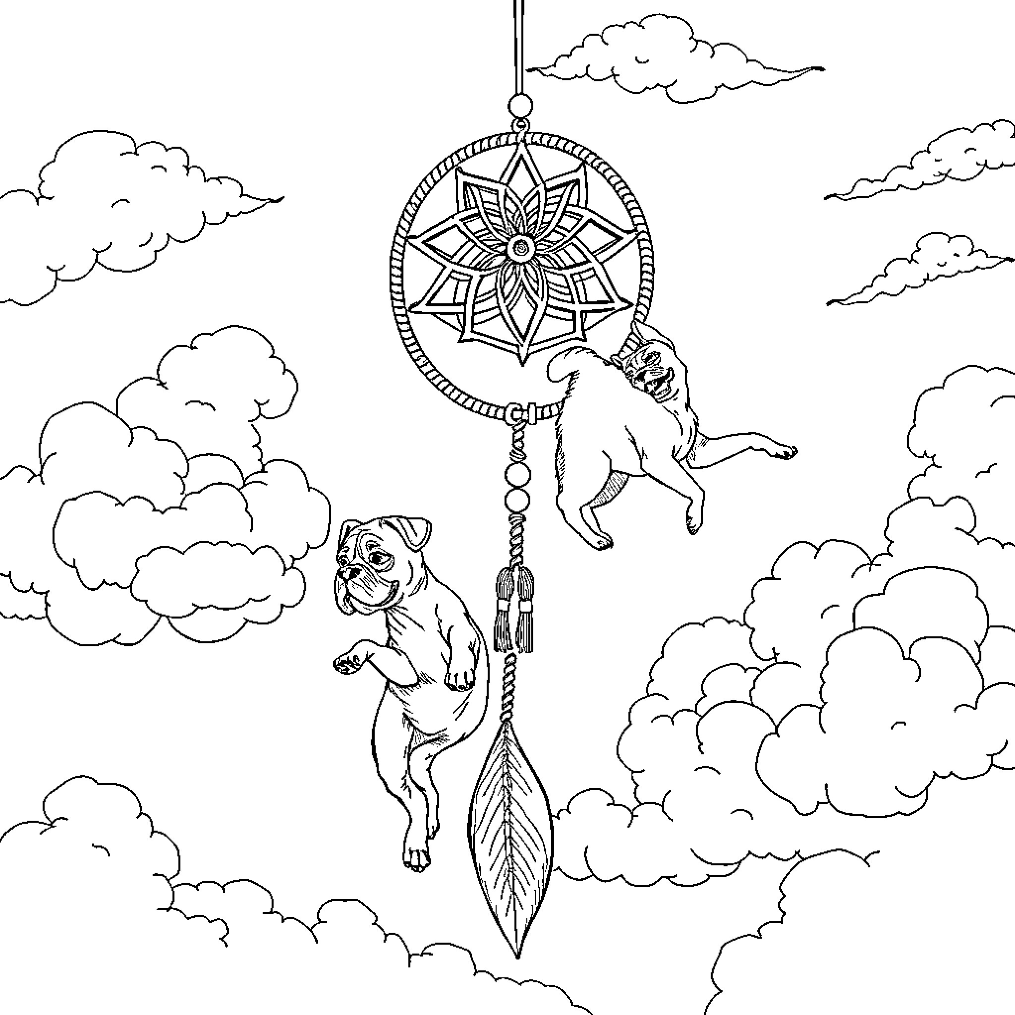 Dream Catcher Featuring Playful Wolves in the Clouds Coloring Page (free black-and-white line drawing printable PDF for all, from beginners to advanced learners, including children, teens, adults, and seniors)