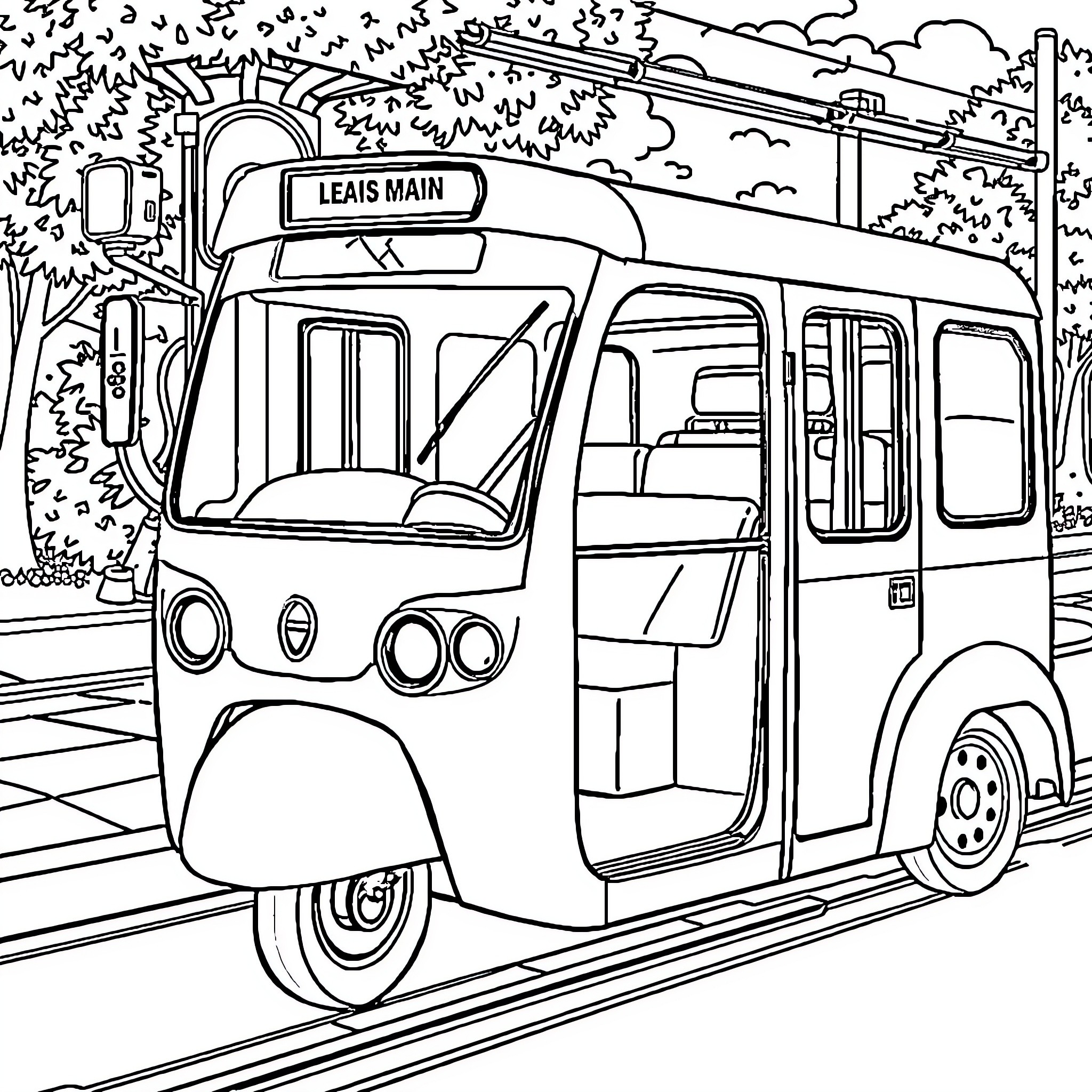 Train traveling through scenic town Coloring Page (free black-and-white line drawing printable PDF for all, from beginners to advanced learners, including children, teens, adults, and seniors)