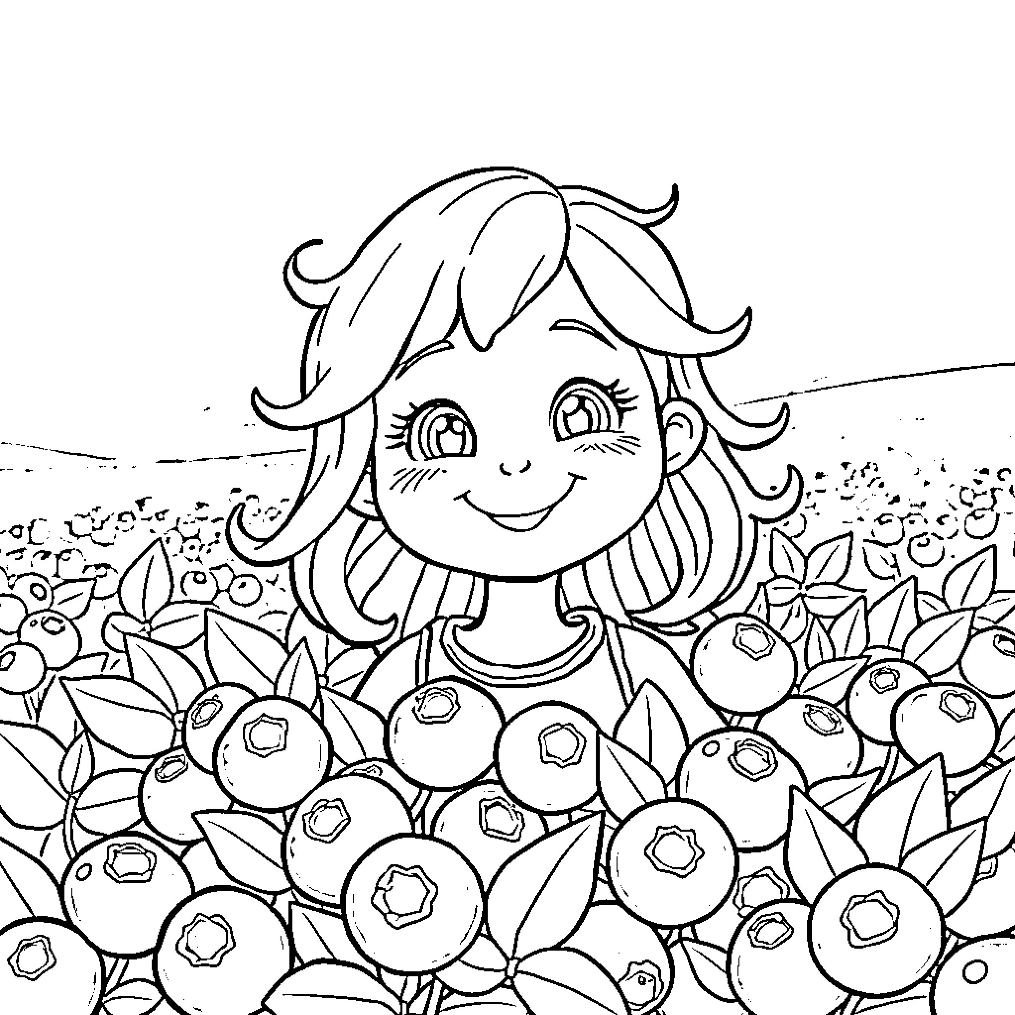 Blueberry Girl enjoying the floral garden Coloring Page (free black-and-white line drawing printable PDF for all, from beginners to advanced learners, including children, teens, adults, and seniors)