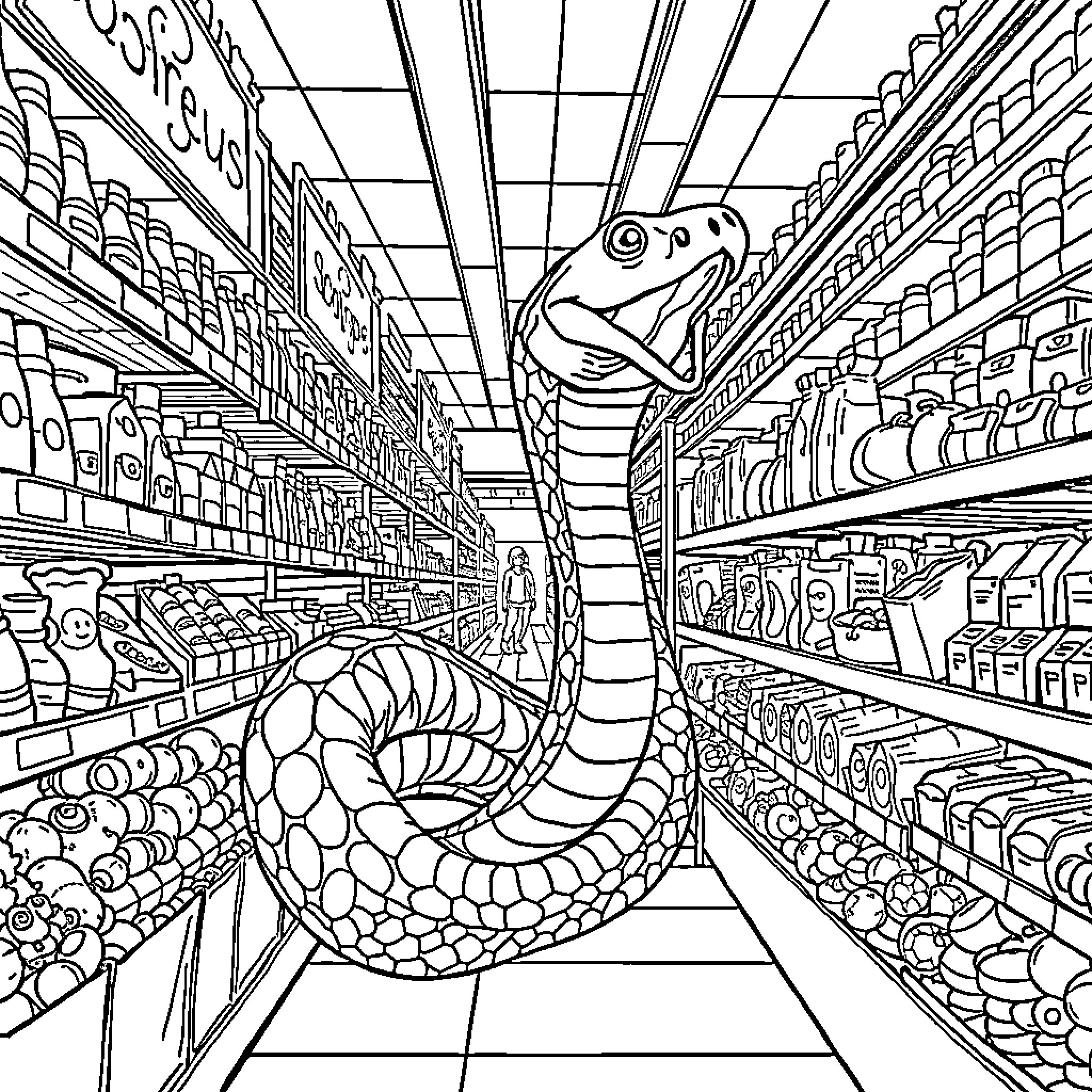 Snake exploring a vibrant grocery store aisle Coloring Page (free black-and-white line drawing printable PDF for all, from beginners to advanced learners, including children, teens, adults, and seniors)