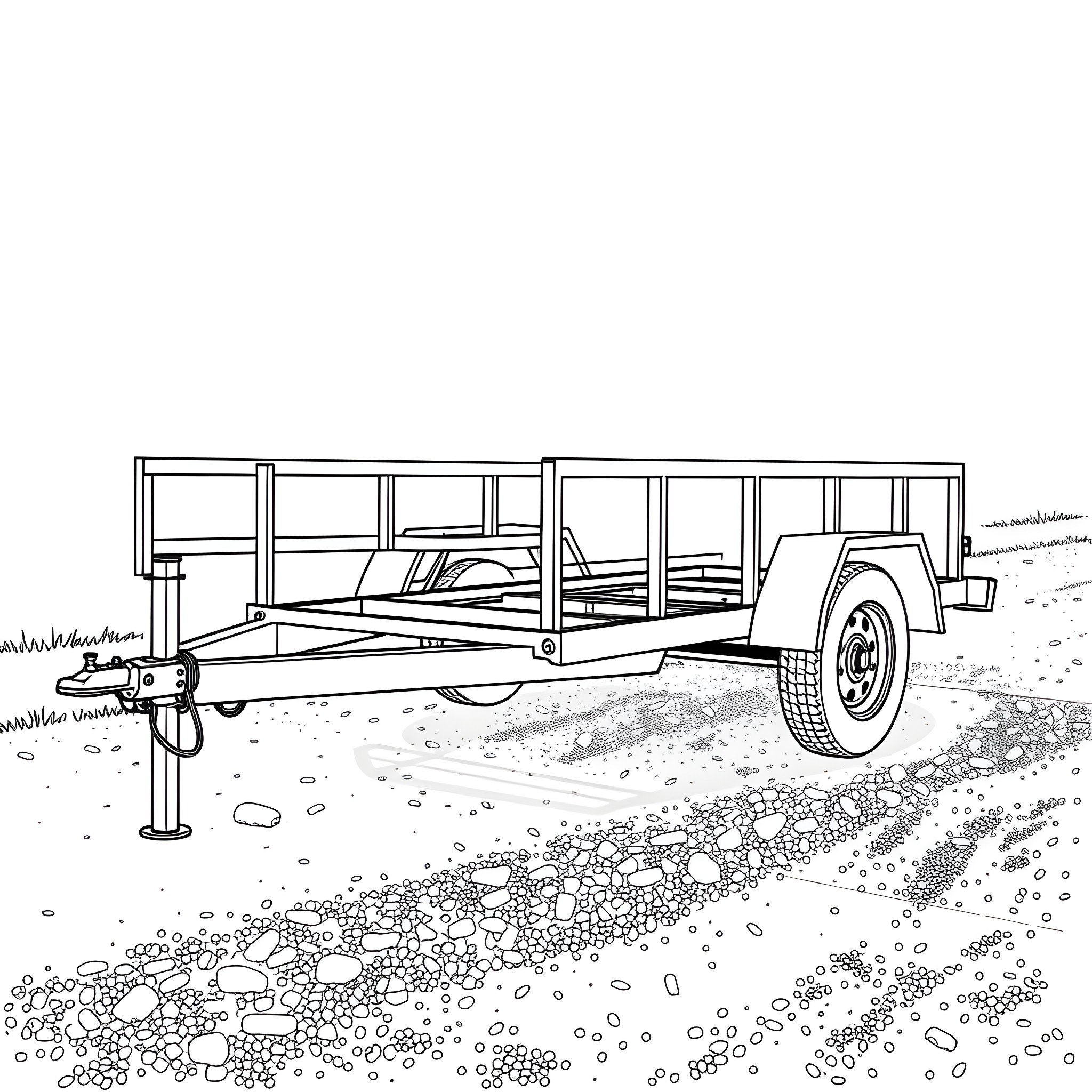 Car Trailer Carrying Large Vehicle on Gravel Road Coloring Page (free black-and-white line drawing printable PDF for all, from beginners to advanced learners, including children, teens, adults, and seniors)