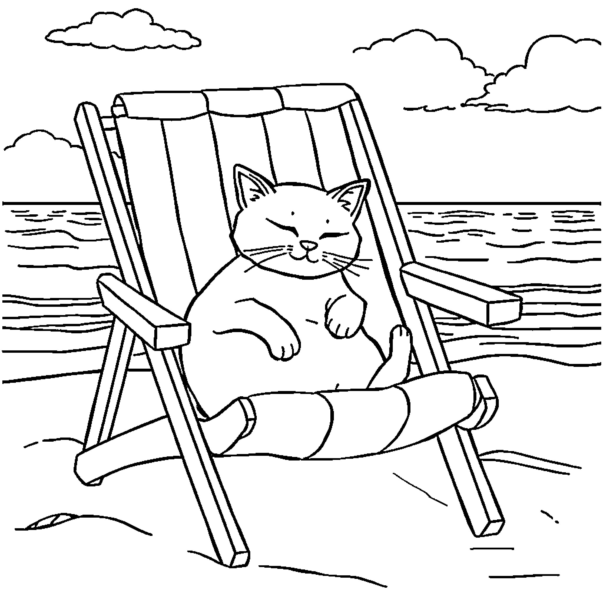 Cat relaxing on beach chair Coloring Page (free black-and-white line drawing printable PDF for all, from beginners to advanced learners, including children, teens, adults, and seniors)