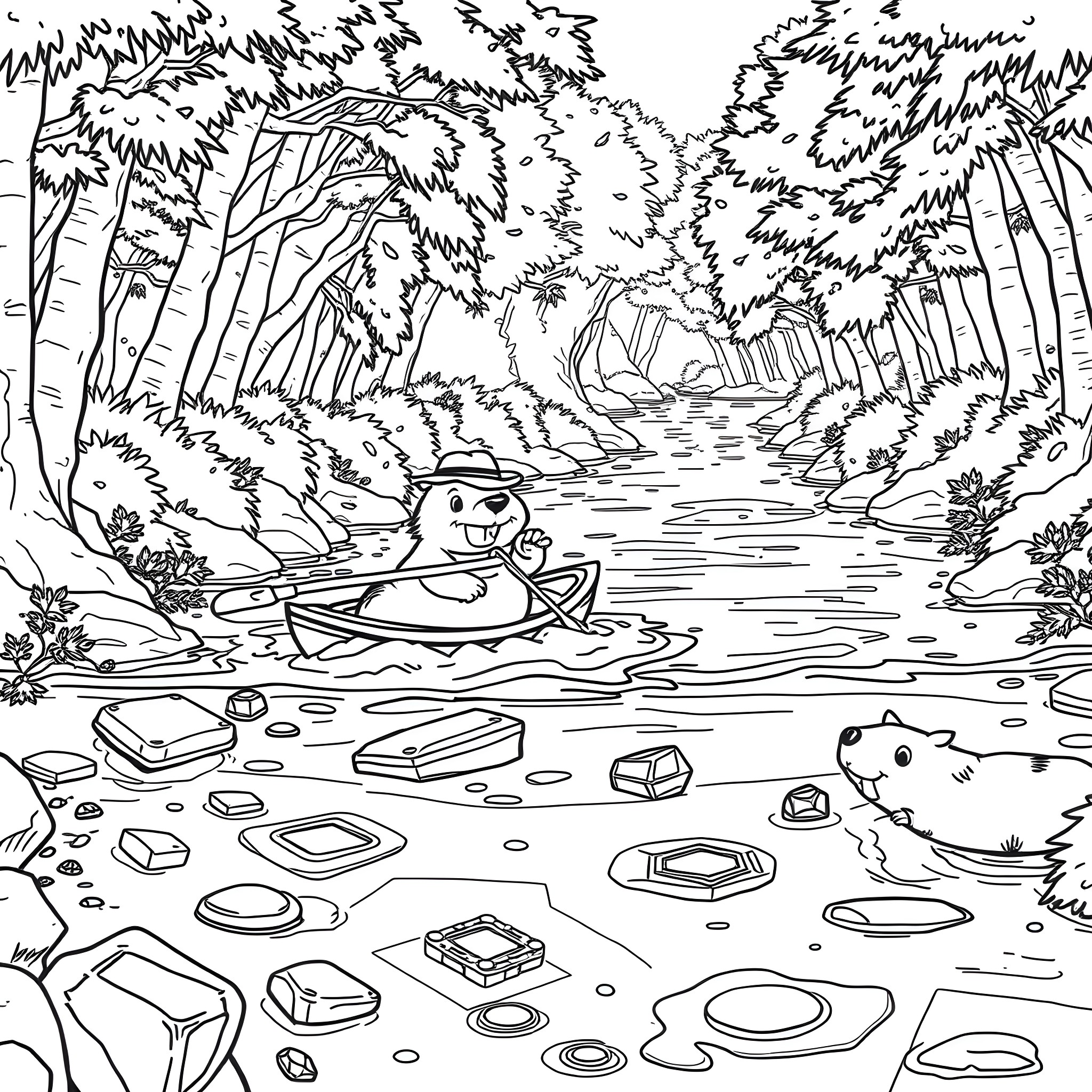 Beaver building a home in the forest stream Coloring Page (free black-and-white line drawing printable PDF for all, from beginners to advanced learners, including children, teens, adults, and seniors)