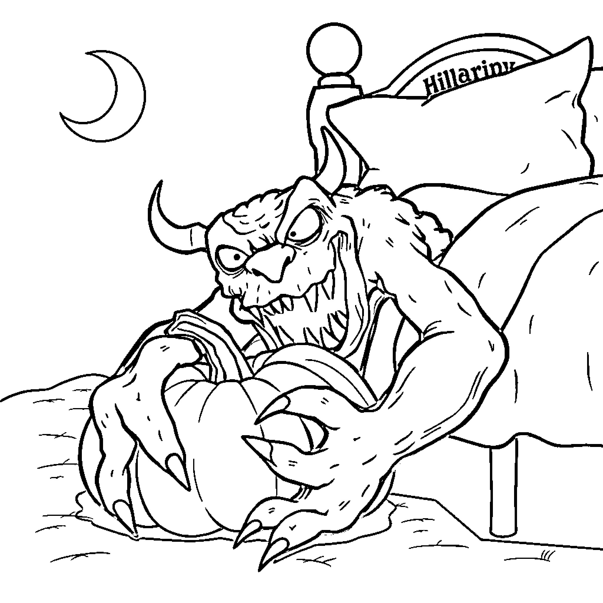 Monster Attacking a Sleeping Figure in the Moonlight Coloring Page (free black-and-white line drawing printable PDF for all, from beginners to advanced learners, including children, teens, adults, and seniors)