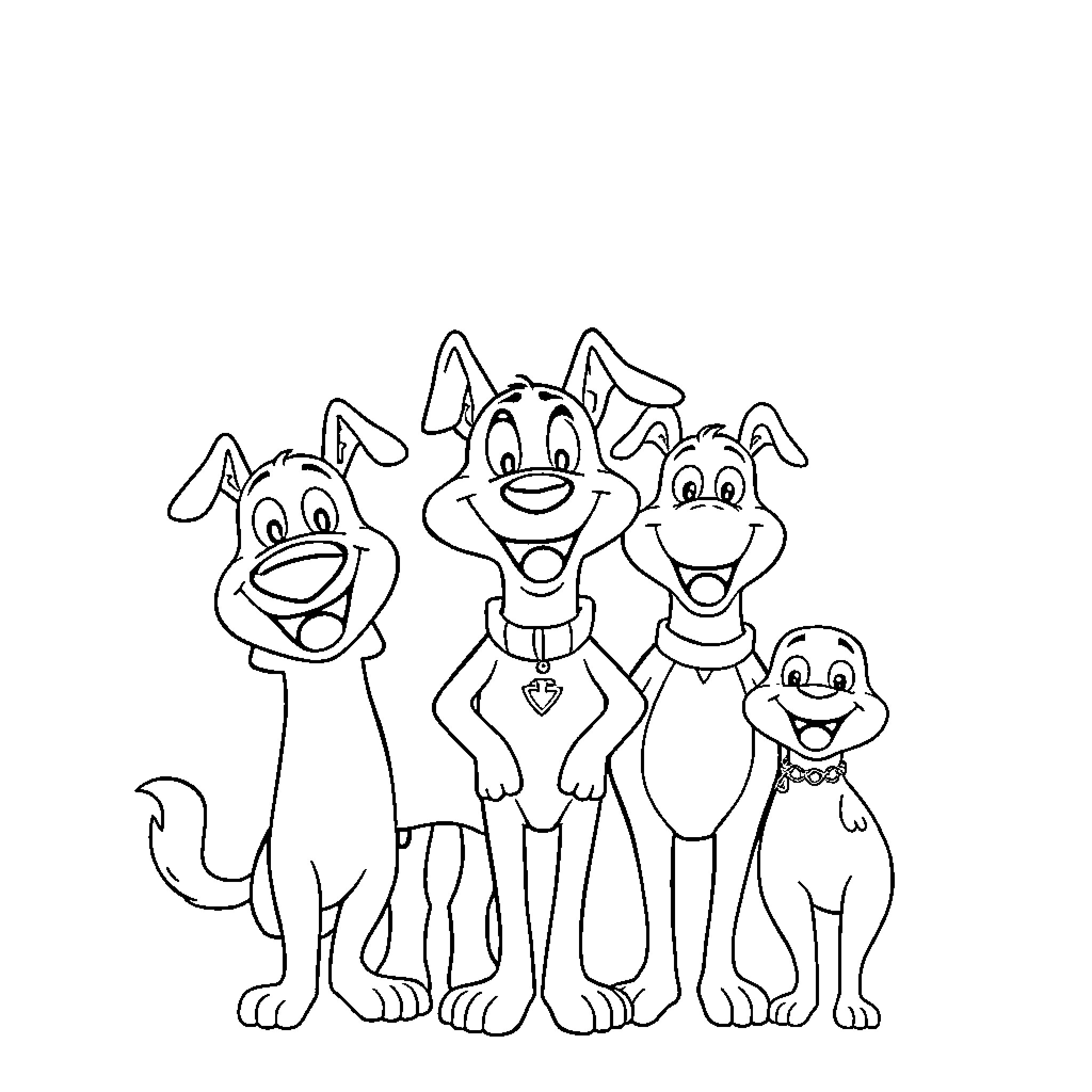 Dogman and his funny puppy friends Coloring Page (free black-and-white line drawing printable PDF for all, from beginners to advanced learners, including children, teens, adults, and seniors)