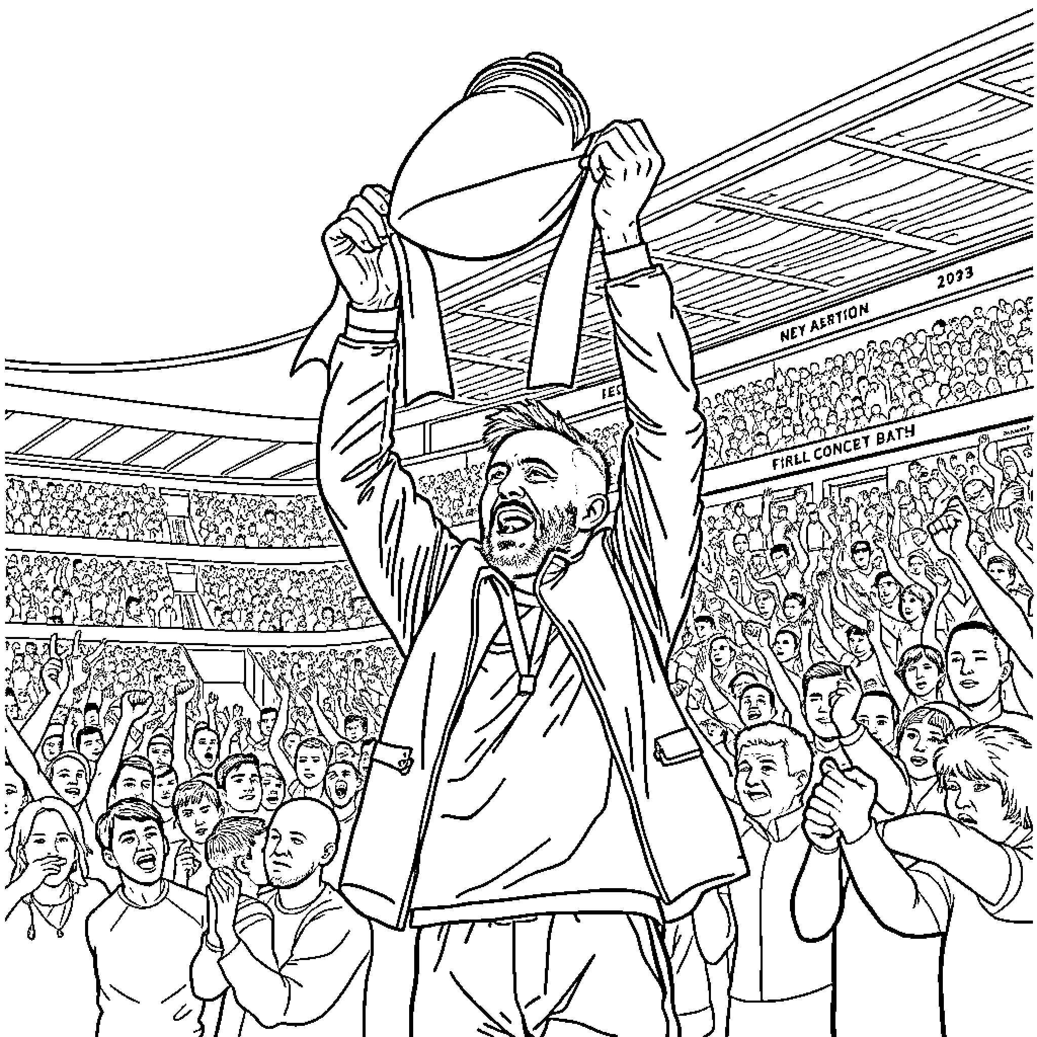 Derek McInnes celebrating a victory with fans in the stadium Coloring Page (free black-and-white line drawing printable PDF for all, from beginners to advanced learners, including children, teens, adults, and seniors)