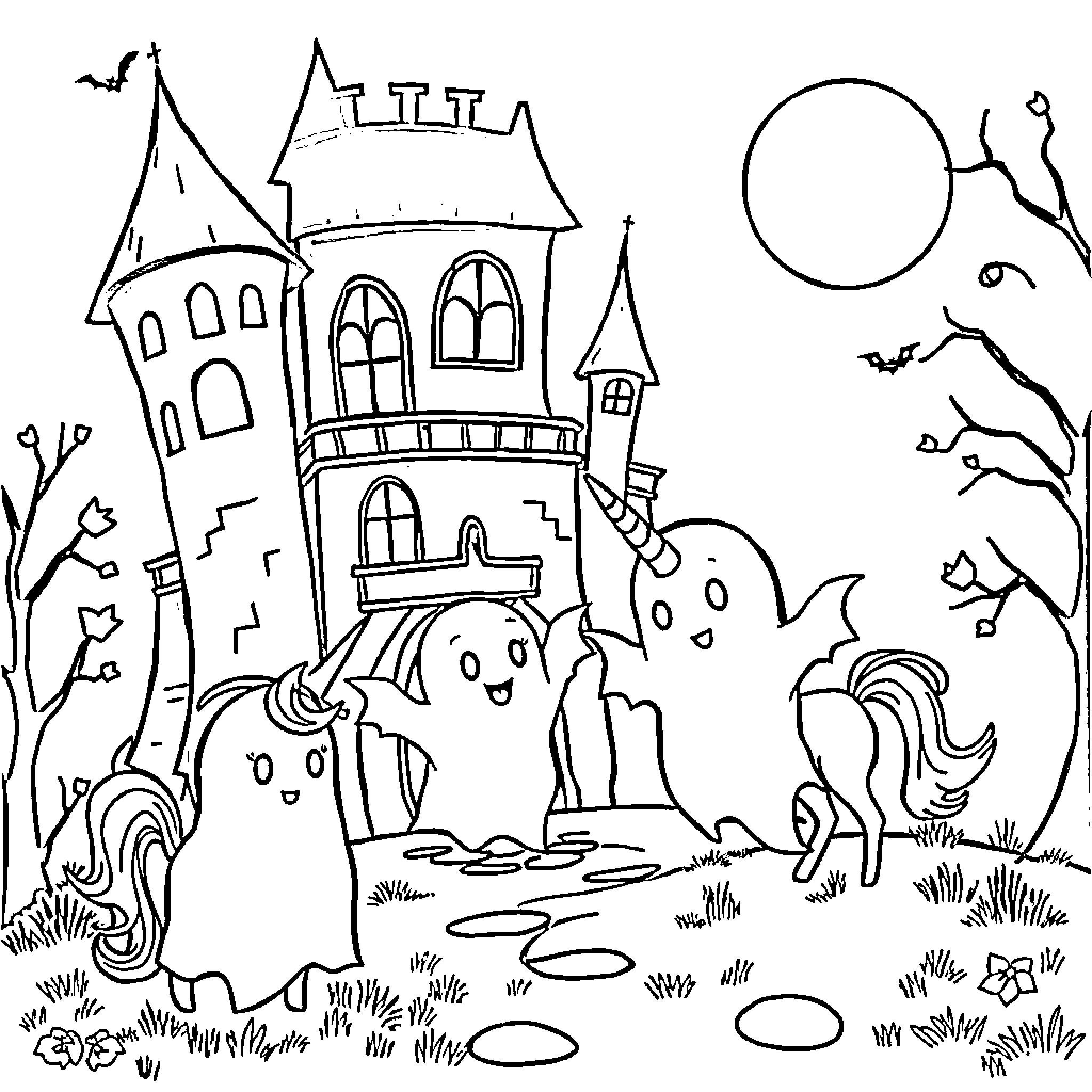 Ghost characters celebrating in a haunted castle Coloring Page (free black-and-white line drawing printable PDF for all, from beginners to advanced learners, including children, teens, adults, and seniors)