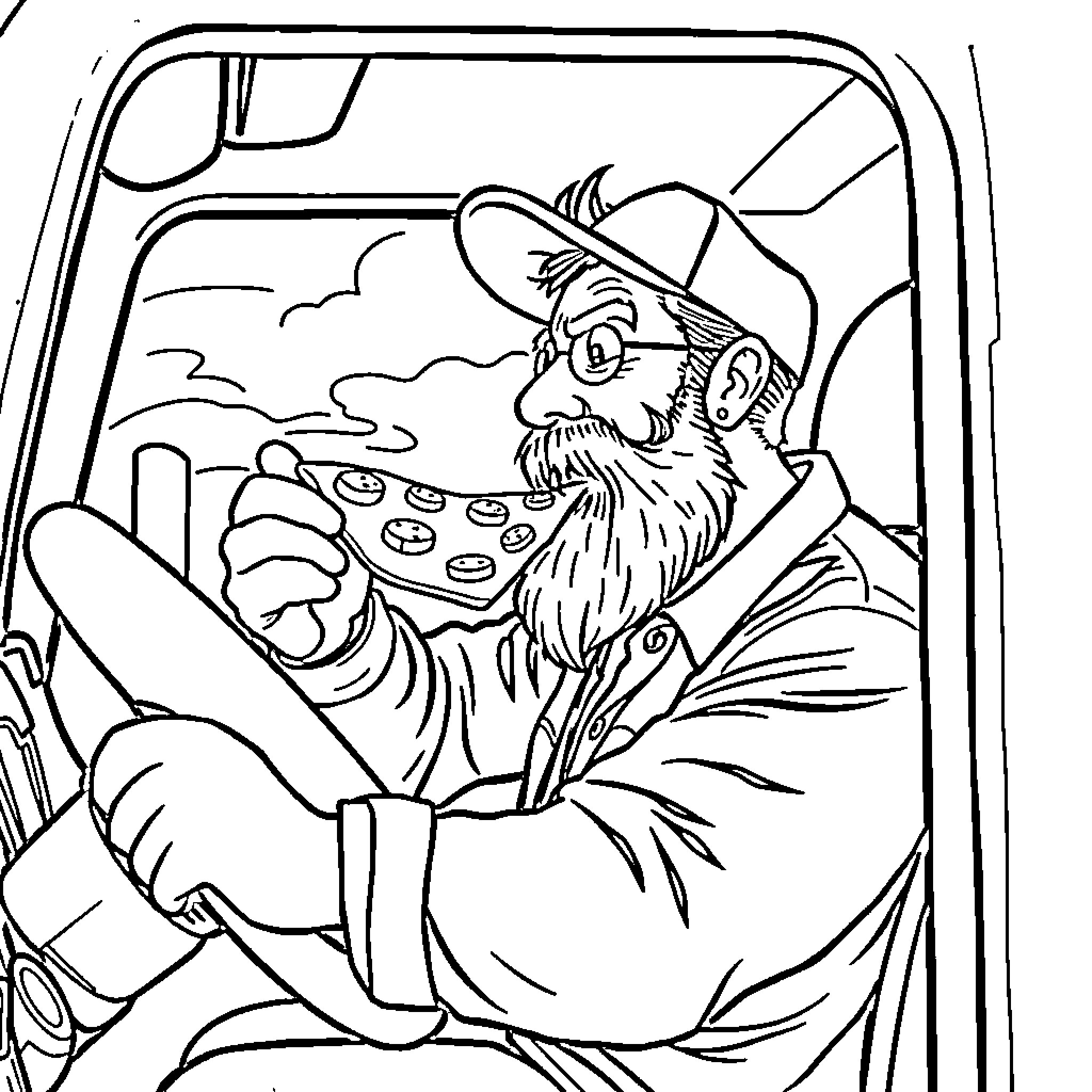 Truck Driver Steering Wheel with CB Radio Coloring Page (free black-and-white line drawing printable PDF for all, from beginners to advanced learners, including children, teens, adults, and seniors)