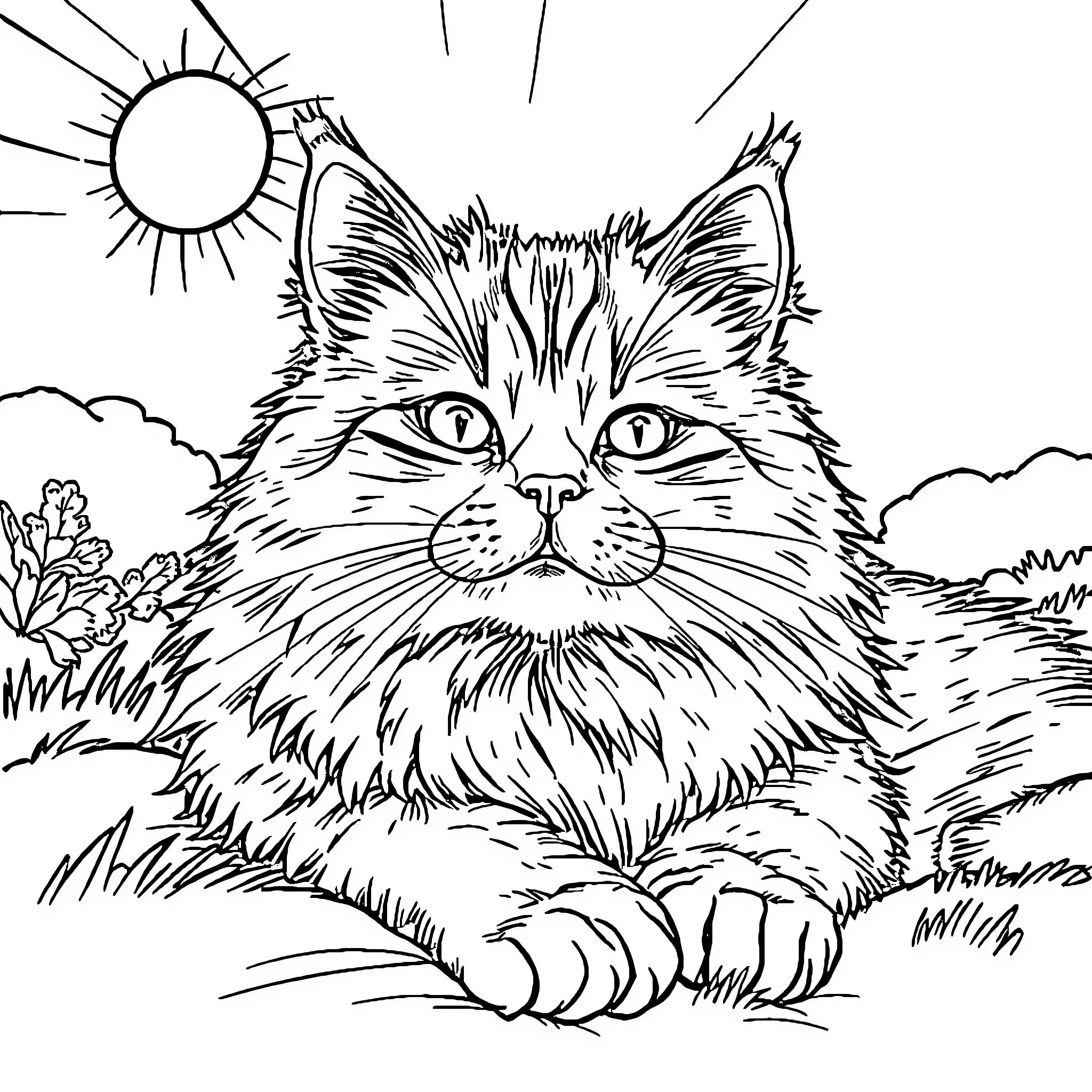 Cat relaxing in the sun on a grassy field Coloring Page (free black-and-white line drawing printable PDF for all, from beginners to advanced learners, including children, teens, adults, and seniors)
