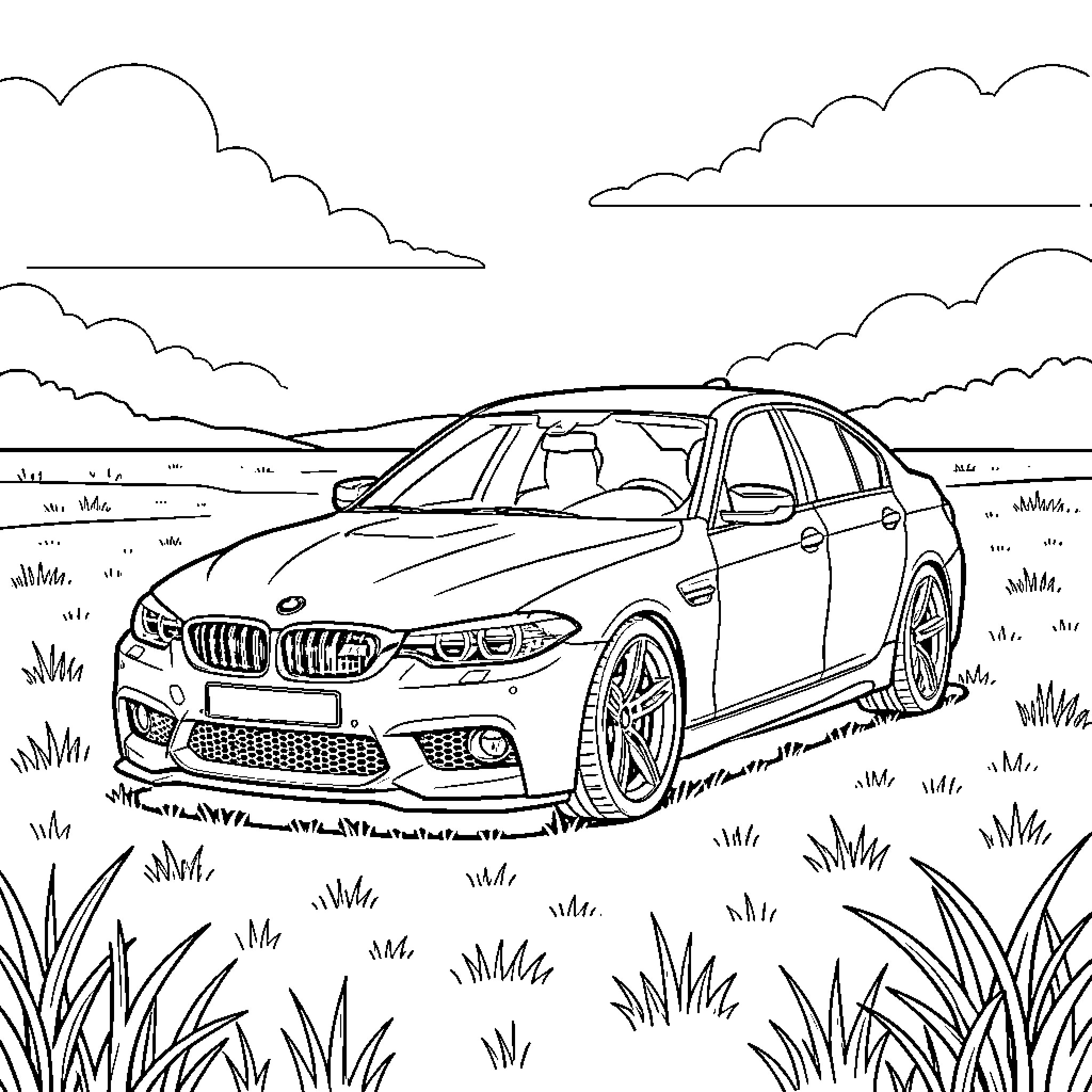 BMW M5 parked in a scenic meadow Coloring Page (free black-and-white line drawing printable PDF for all, from beginners to advanced learners, including children, teens, adults, and seniors)