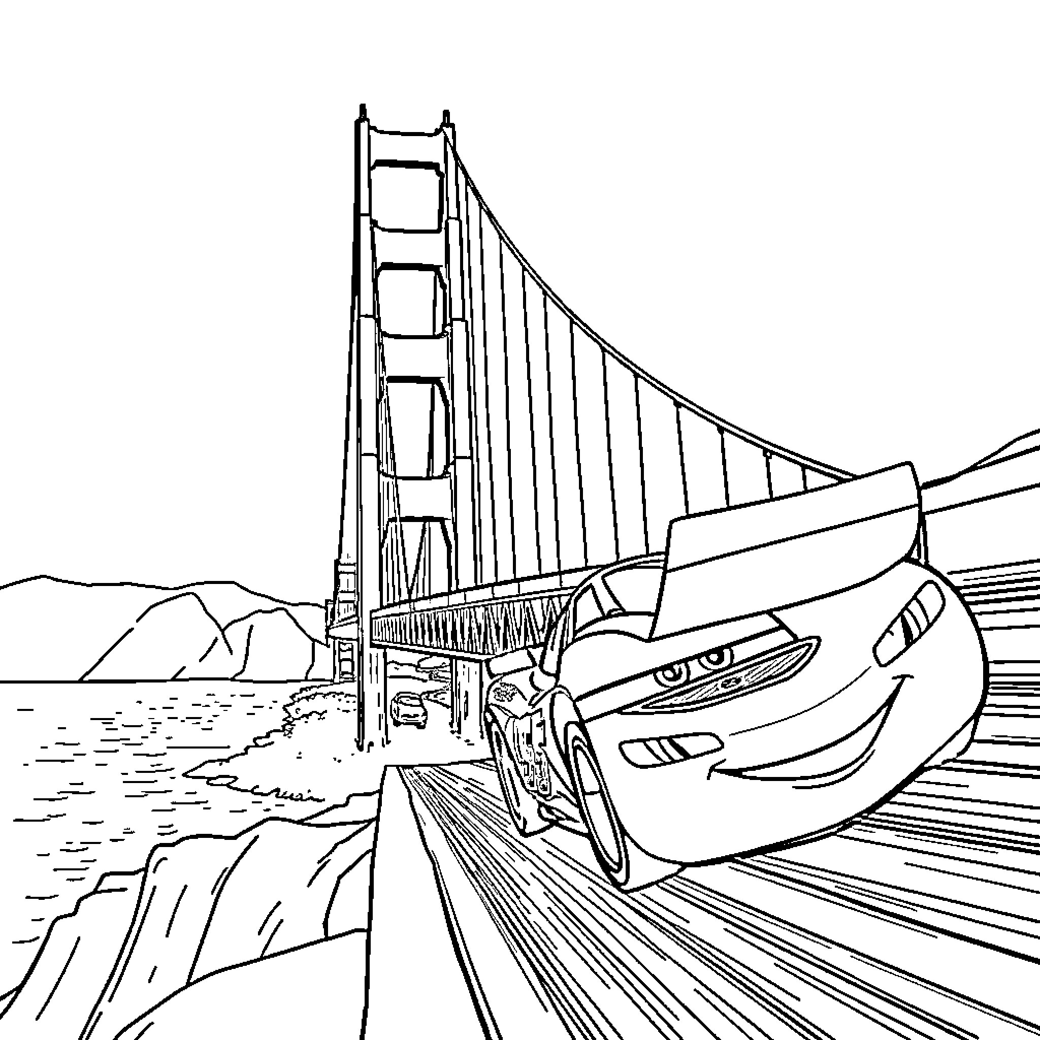 Rayo McQueen crossing the iconic Golden Gate Bridge Coloring Page (free black-and-white line drawing printable PDF for all, from beginners to advanced learners, including children, teens, adults, and seniors)