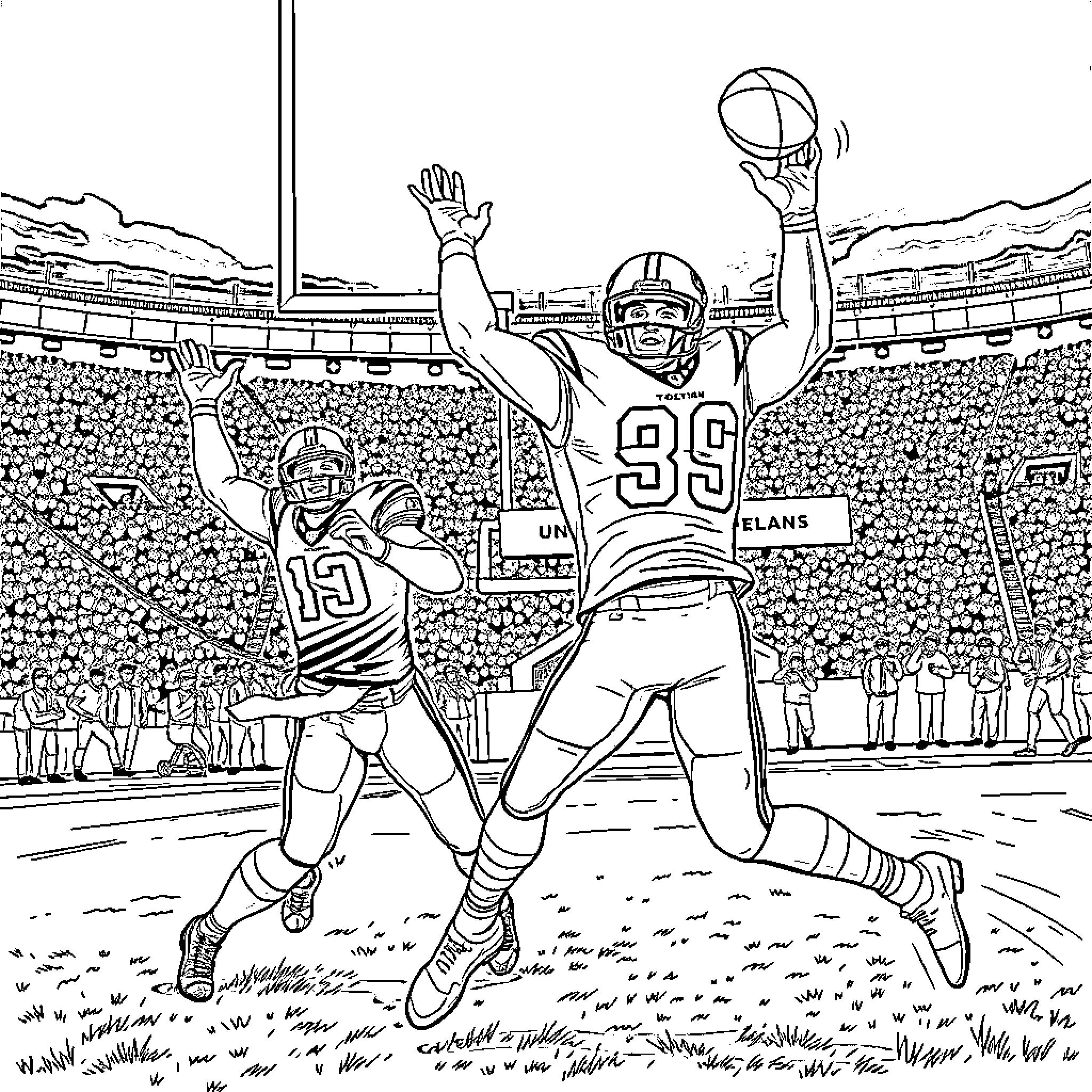 Houston Texans players competing in intense football game Coloring Page (free black-and-white line drawing printable PDF for all, from beginners to advanced learners, including children, teens, adults, and seniors)