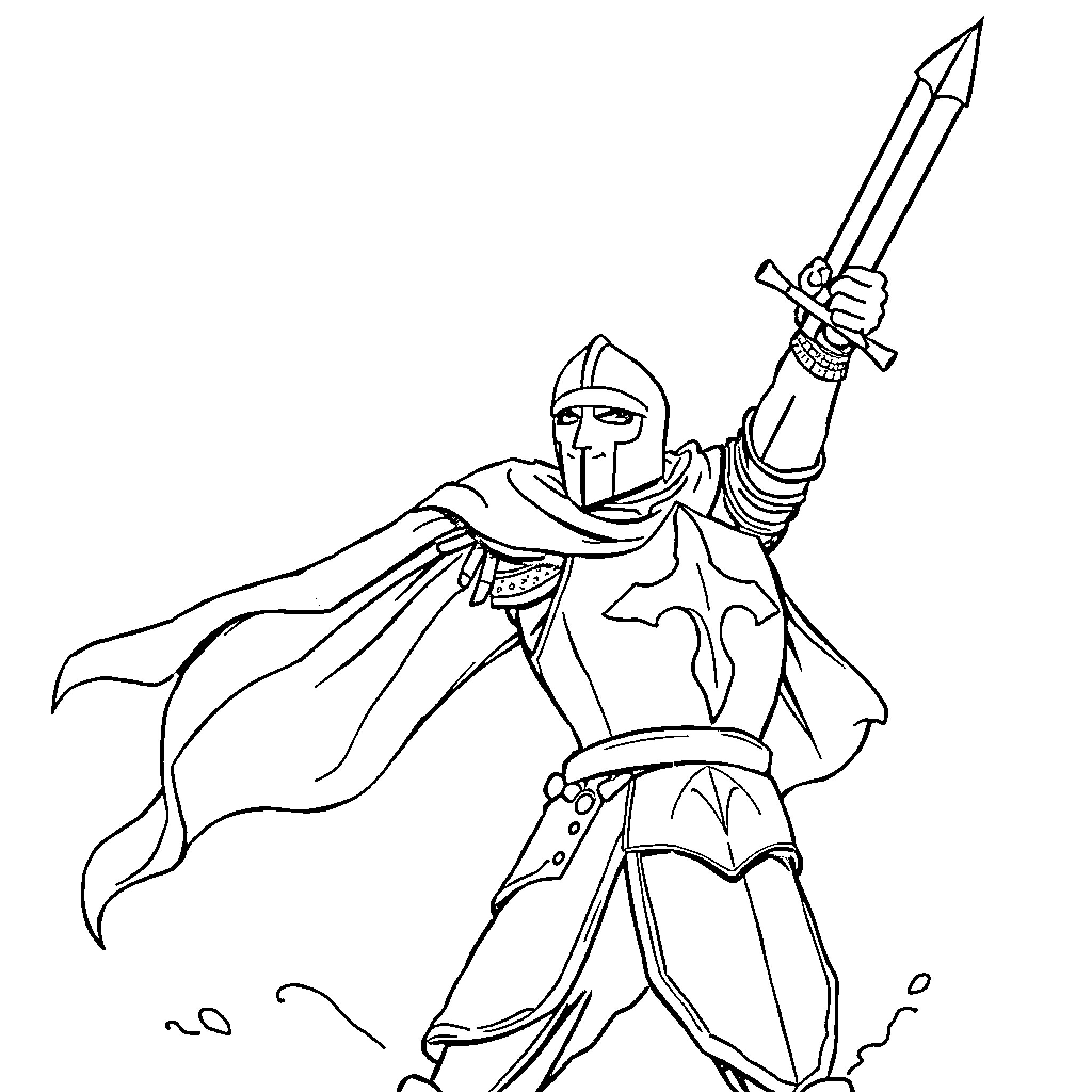 Knight Wielding Sword in Battle Stance Coloring Page (free black-and-white line drawing printable PDF for all, from beginners to advanced learners, including children, teens, adults, and seniors)