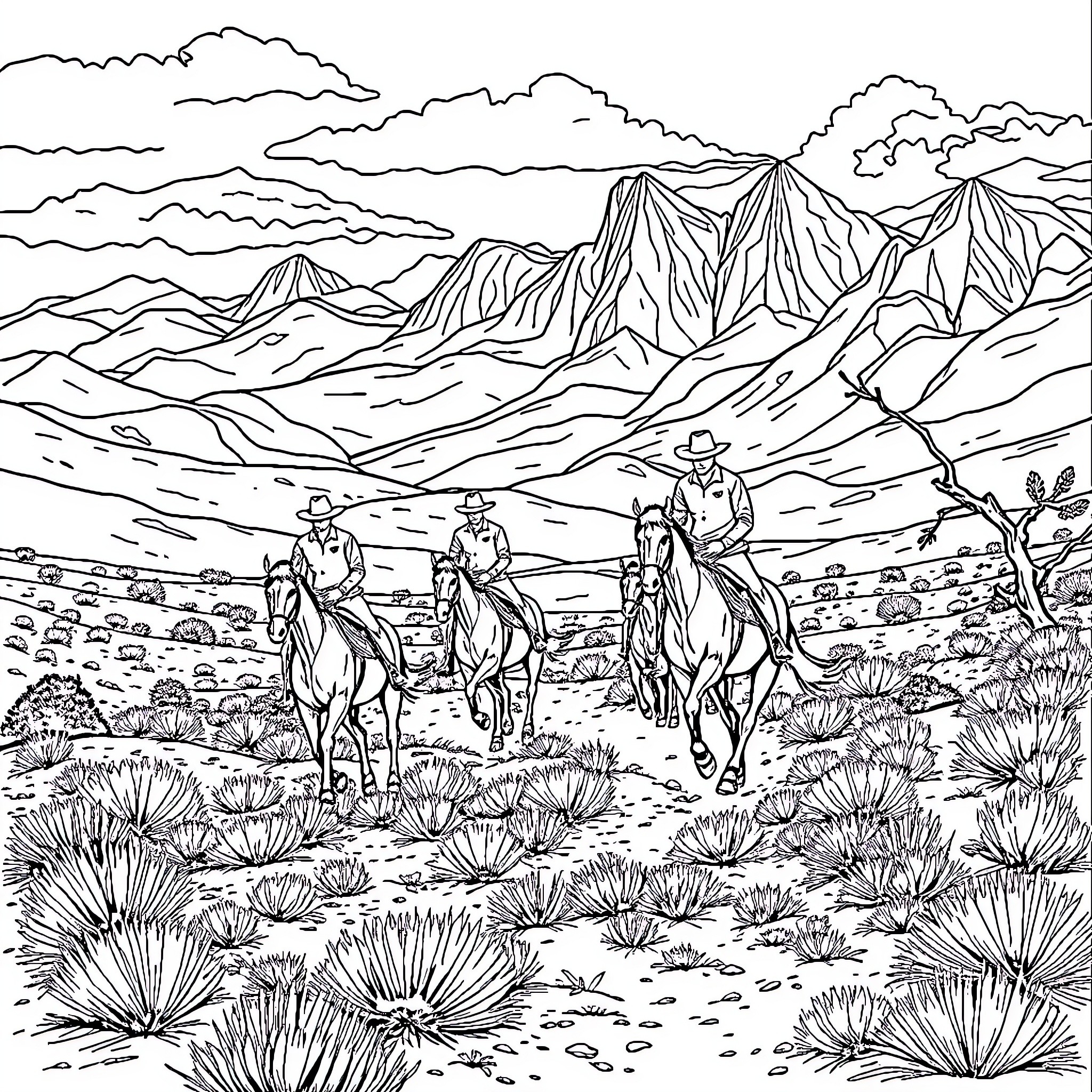 Cowboy trio riding horses through the rugged desert landscape Coloring Page (free black-and-white line drawing printable PDF for all, from beginners to advanced learners, including children, teens, adults, and seniors)