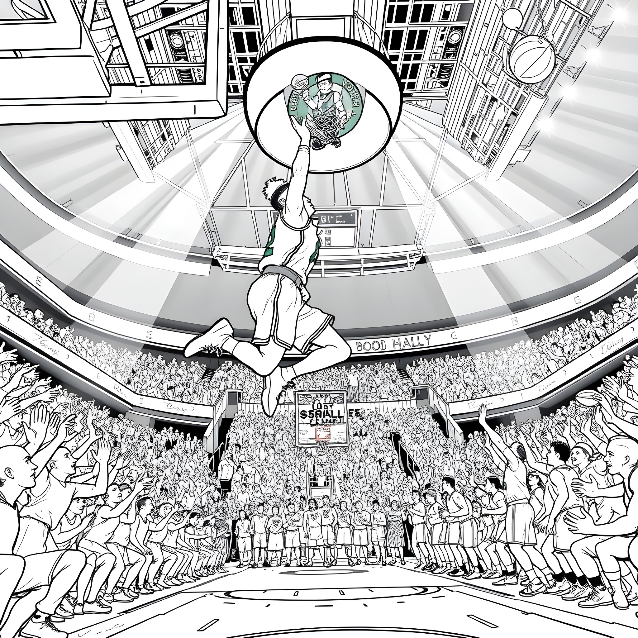 Boston Celtics Player Dunking in Dramatic Stadium Scene Coloring Page (free black-and-white line drawing printable PDF for all, from beginners to advanced learners, including children, teens, adults, and seniors)