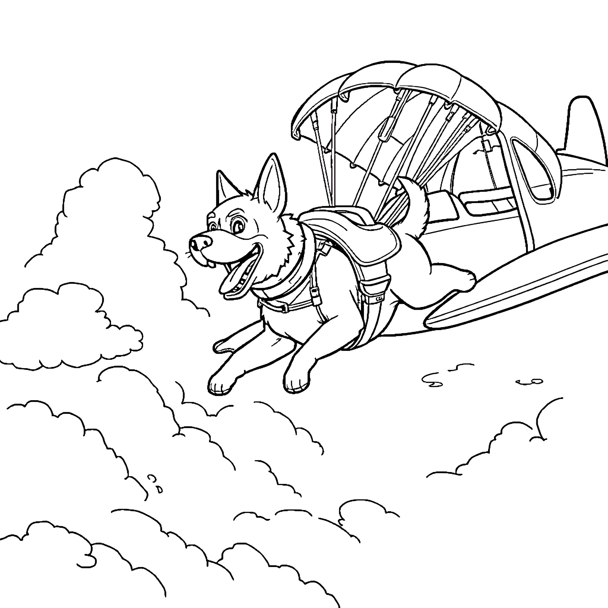 Dog parachuting in the sky Coloring Page (free black-and-white line drawing printable PDF for all, from beginners to advanced learners, including children, teens, adults, and seniors)