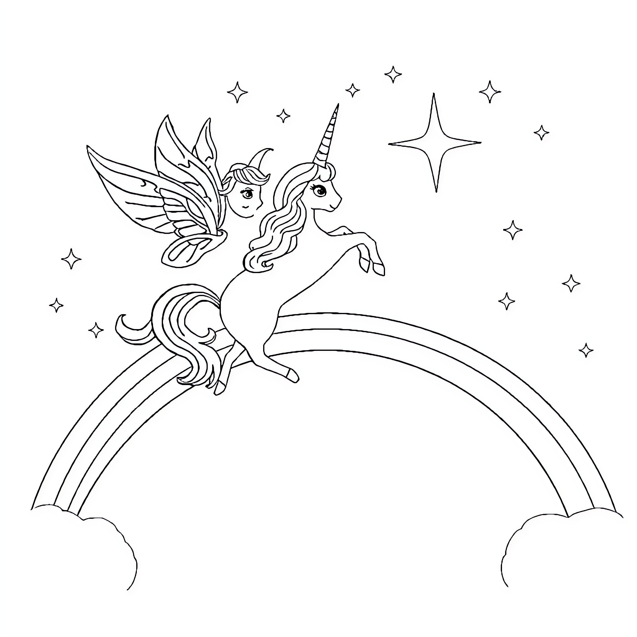 Unicorn Soaring Through Starry Skies Coloring Page (free black-and-white line drawing printable PDF for all, from beginners to advanced learners, including children, teens, adults, and seniors)