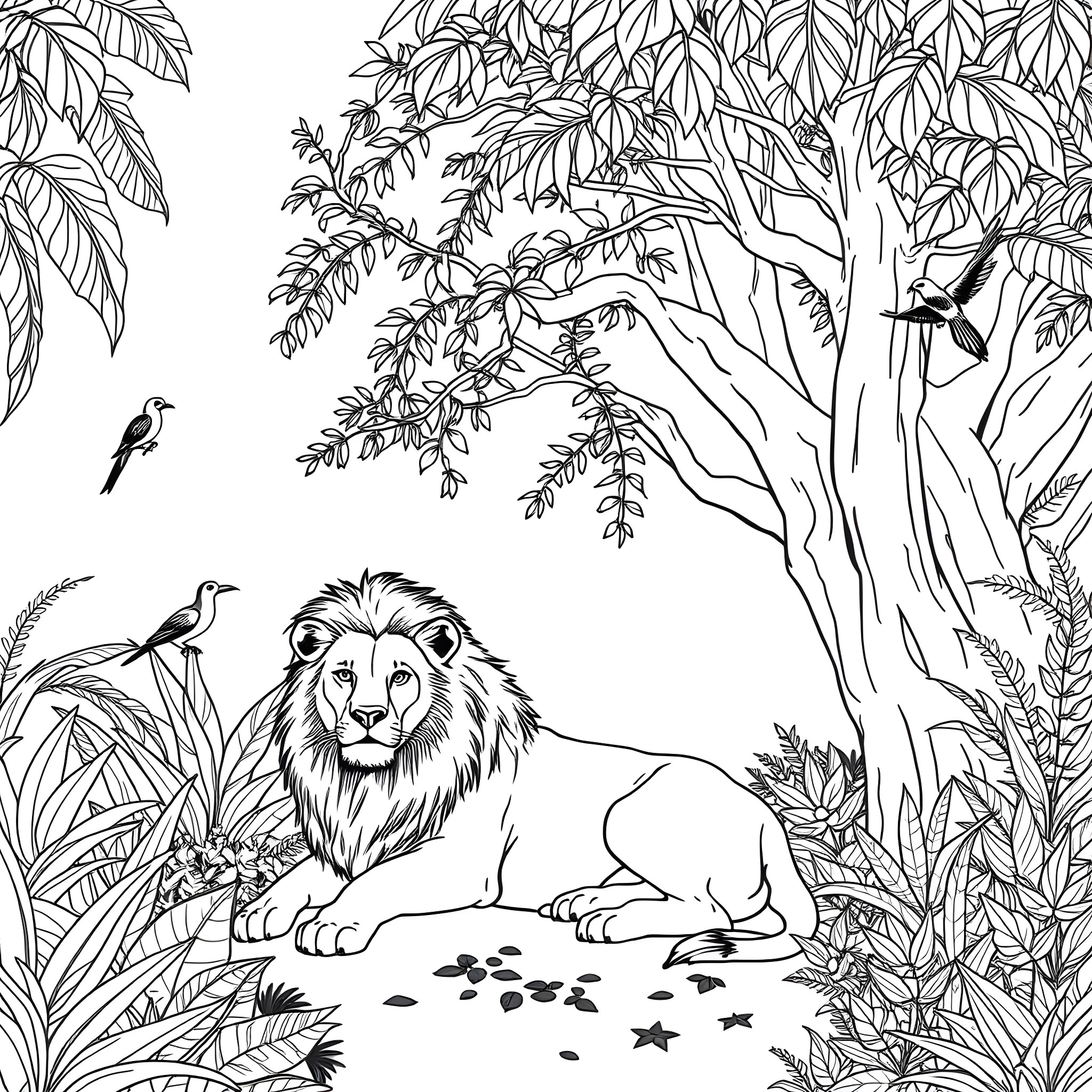 Lion resting in the jungle wilderness Coloring Page (free black-and-white line drawing printable PDF for all, from beginners to advanced learners, including children, teens, adults, and seniors)