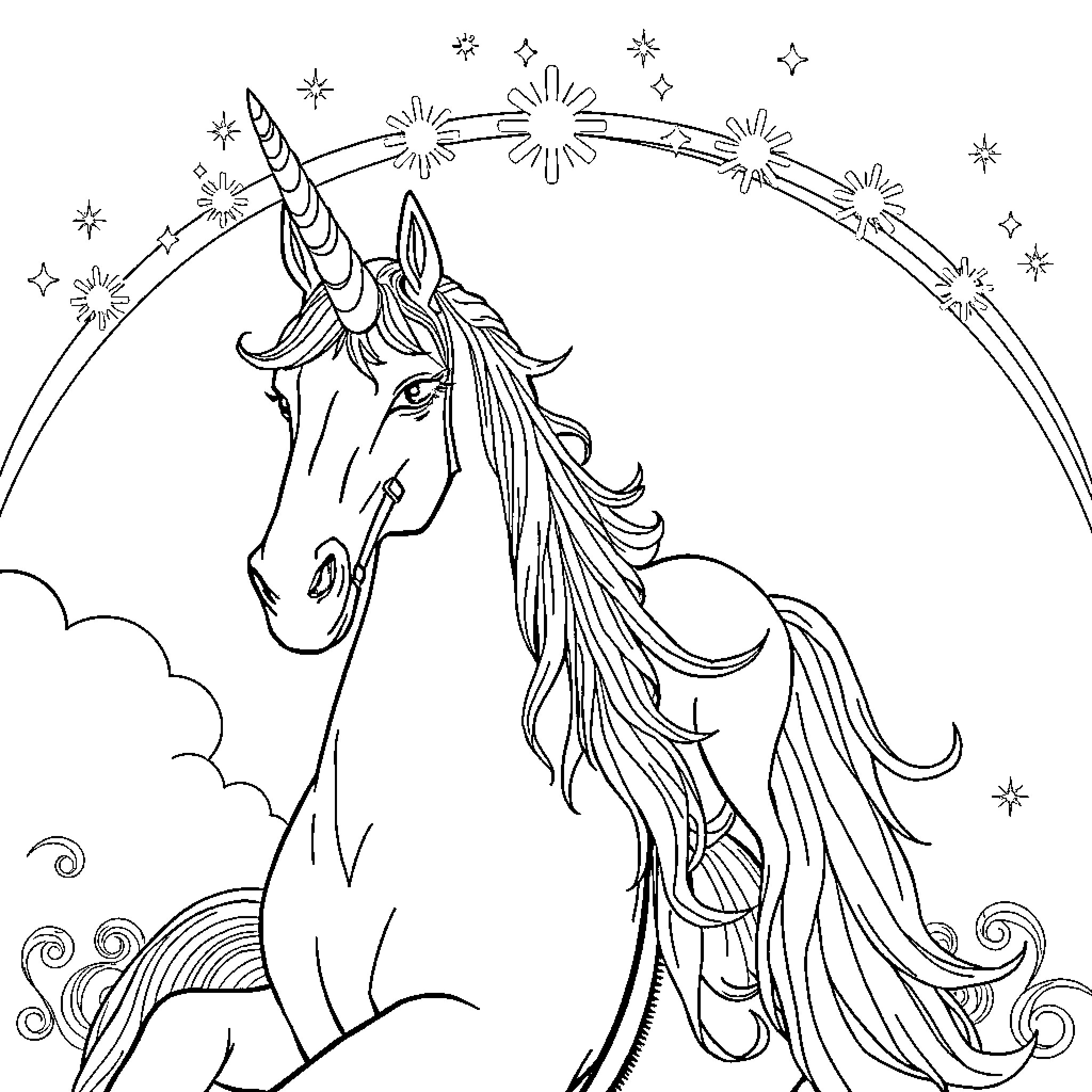 Unicorn surrounded by sparkling stars and clouds Coloring Page (free black-and-white line drawing printable PDF for all, from beginners to advanced learners, including children, teens, adults, and seniors)