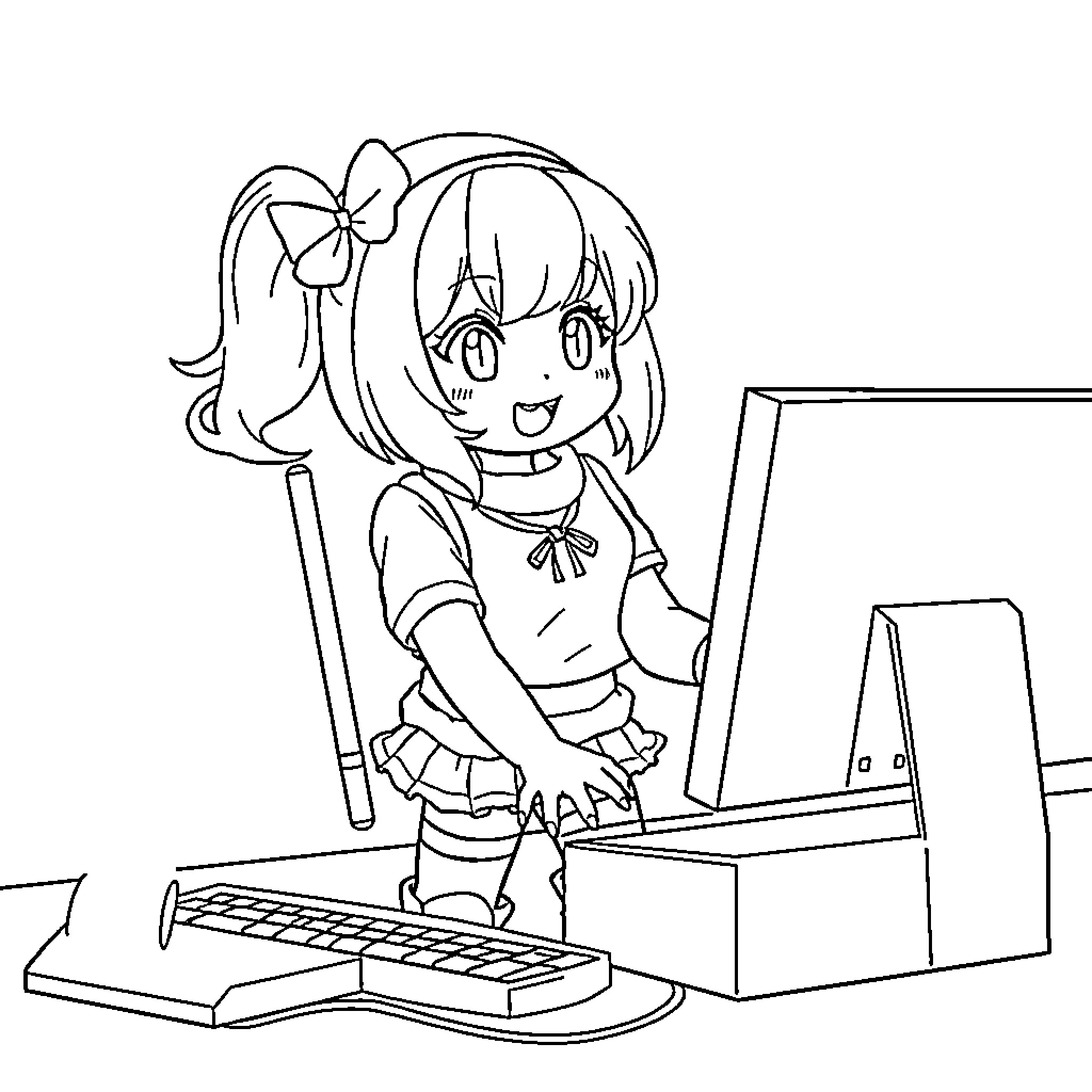 Kuromi enjoying digital entertainment on computer Coloring Page (free black-and-white line drawing printable PDF for all, from beginners to advanced learners, including children, teens, adults, and seniors)
