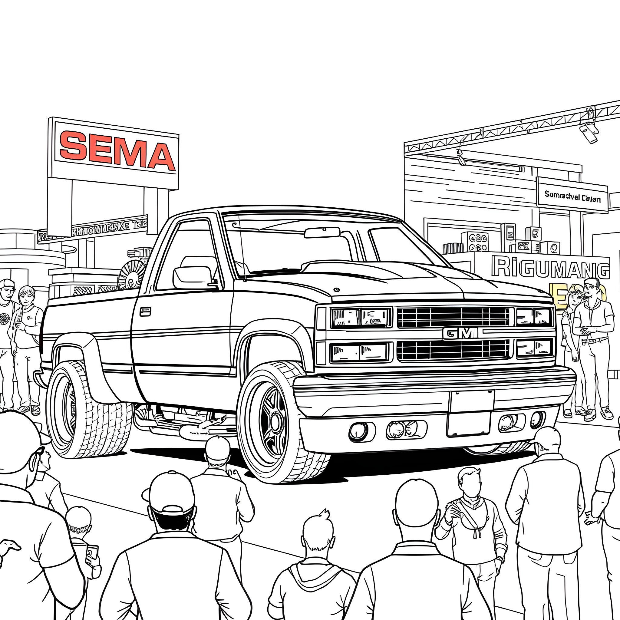 Truck showcased at automotive trade show Coloring Page (free black-and-white line drawing printable PDF for all, from beginners to advanced learners, including children, teens, adults, and seniors)