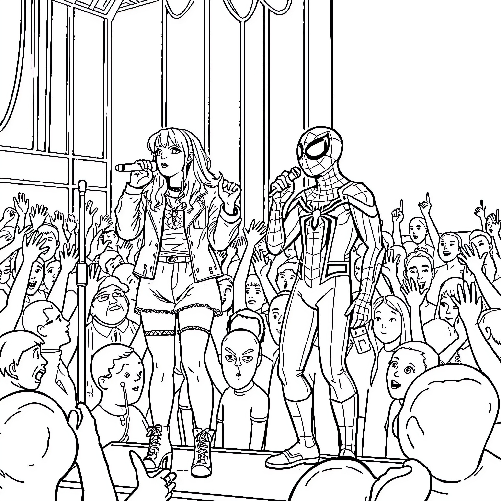 Billie Eilish performing live on stage with Spider-Man Coloring Page (free black-and-white line drawing printable PDF for all, from beginners to advanced learners, including children, teens, adults, and seniors)
