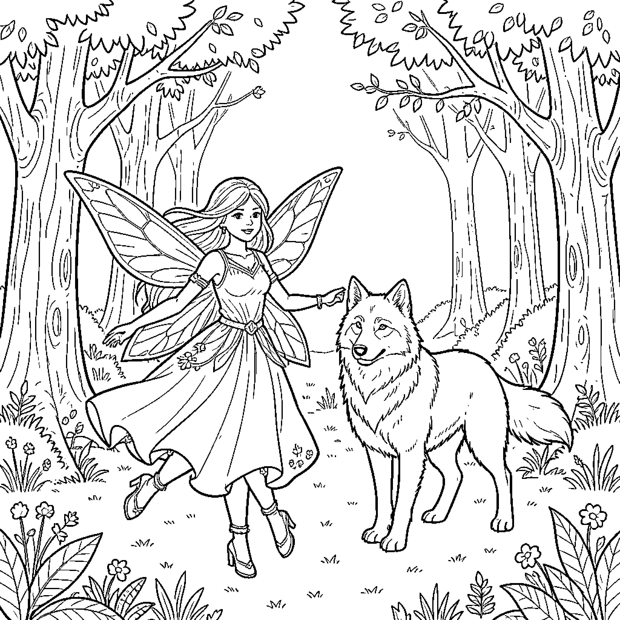 Fairy dancing gracefully beside a friendly wolf Coloring Page (free black-and-white line drawing printable PDF for all, from beginners to advanced learners, including children, teens, adults, and seniors)