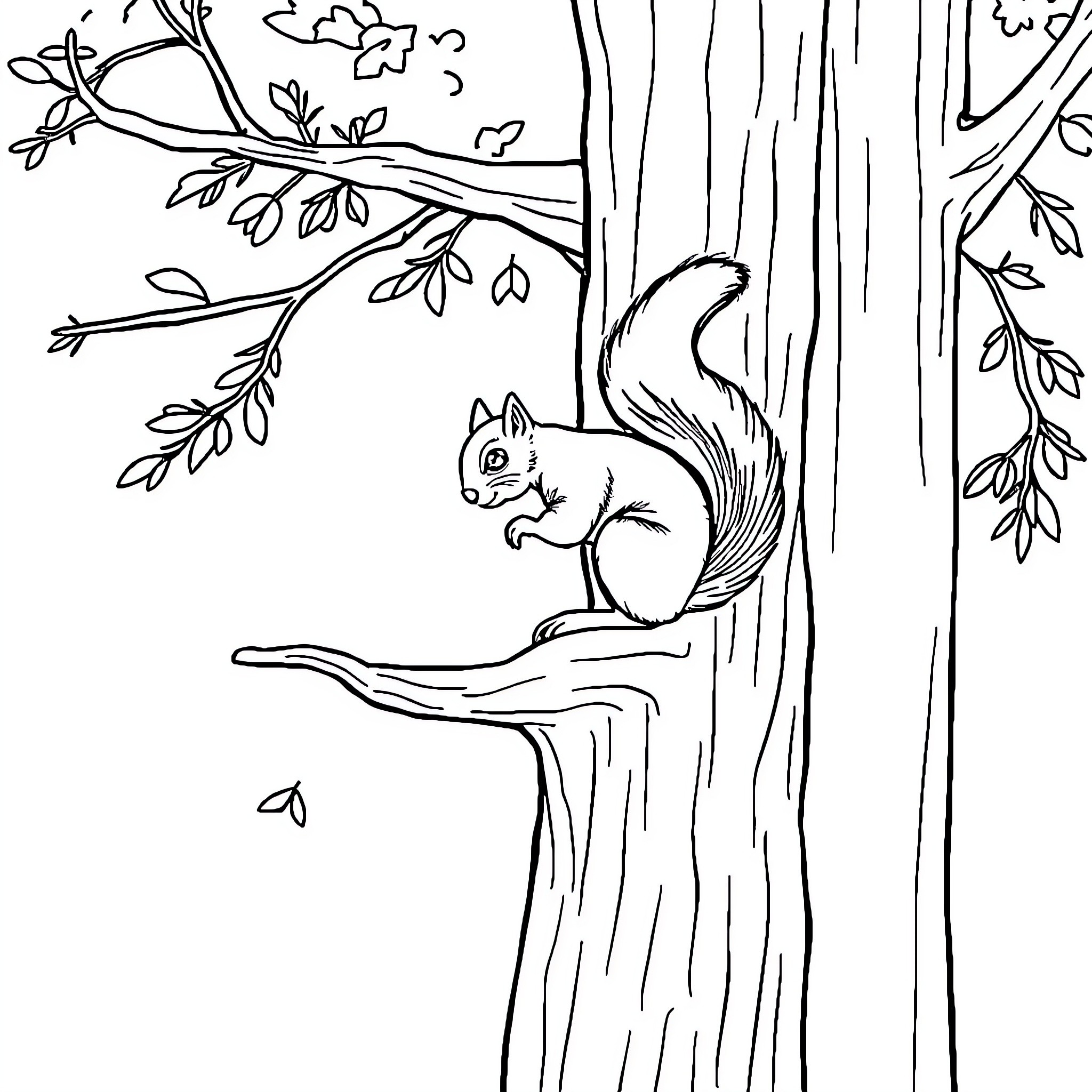 Squirrel climbing a tree in the forest Coloring Page (free black-and-white line drawing printable PDF for all, from beginners to advanced learners, including children, teens, adults, and seniors)