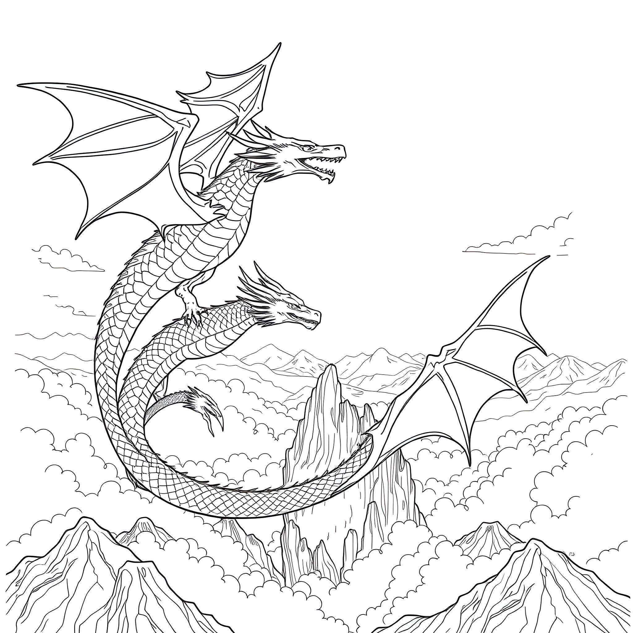 Dragon Pair Soaring over Mountainous Landscape Coloring Page (free black-and-white line drawing printable PDF for all, from beginners to advanced learners, including children, teens, adults, and seniors)