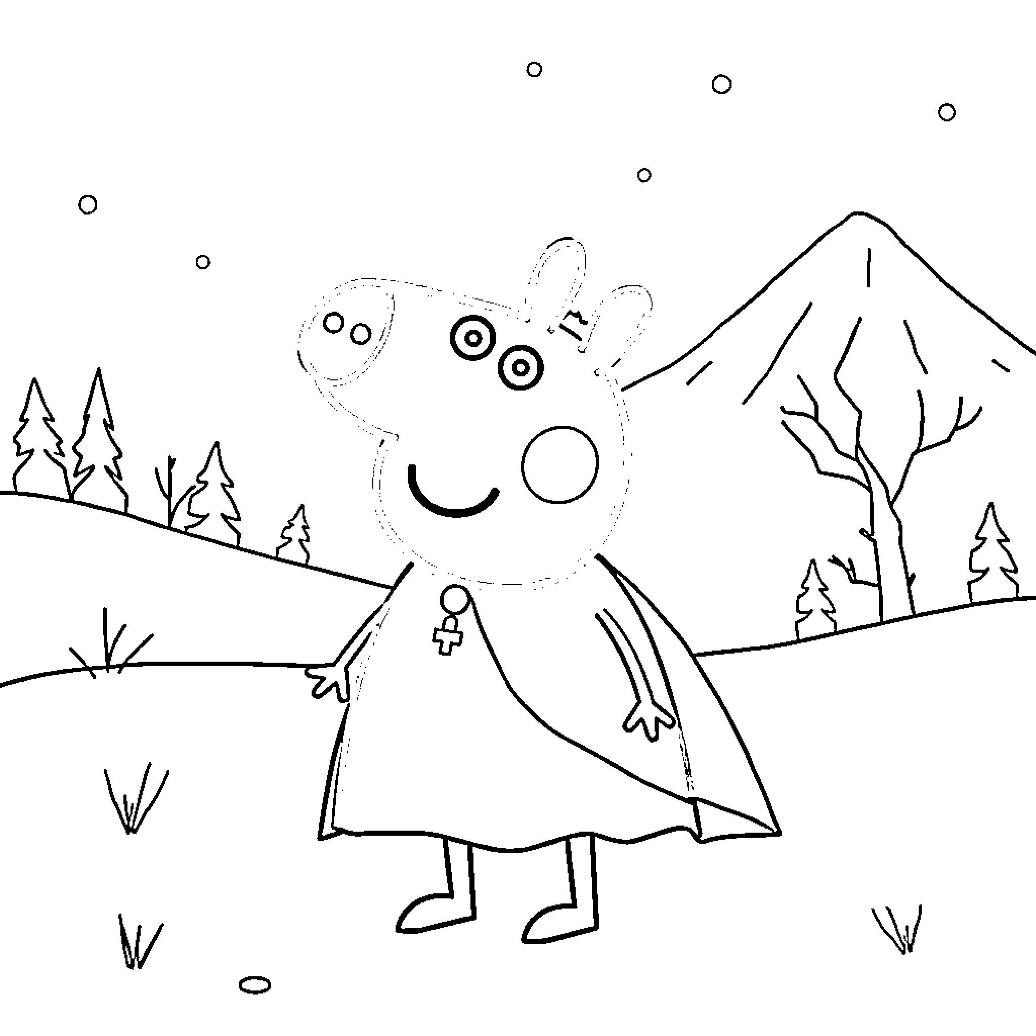 Peppa Pig enjoying nature in the outdoors Coloring Page (free black-and-white line drawing printable PDF for all, from beginners to advanced learners, including children, teens, adults, and seniors)