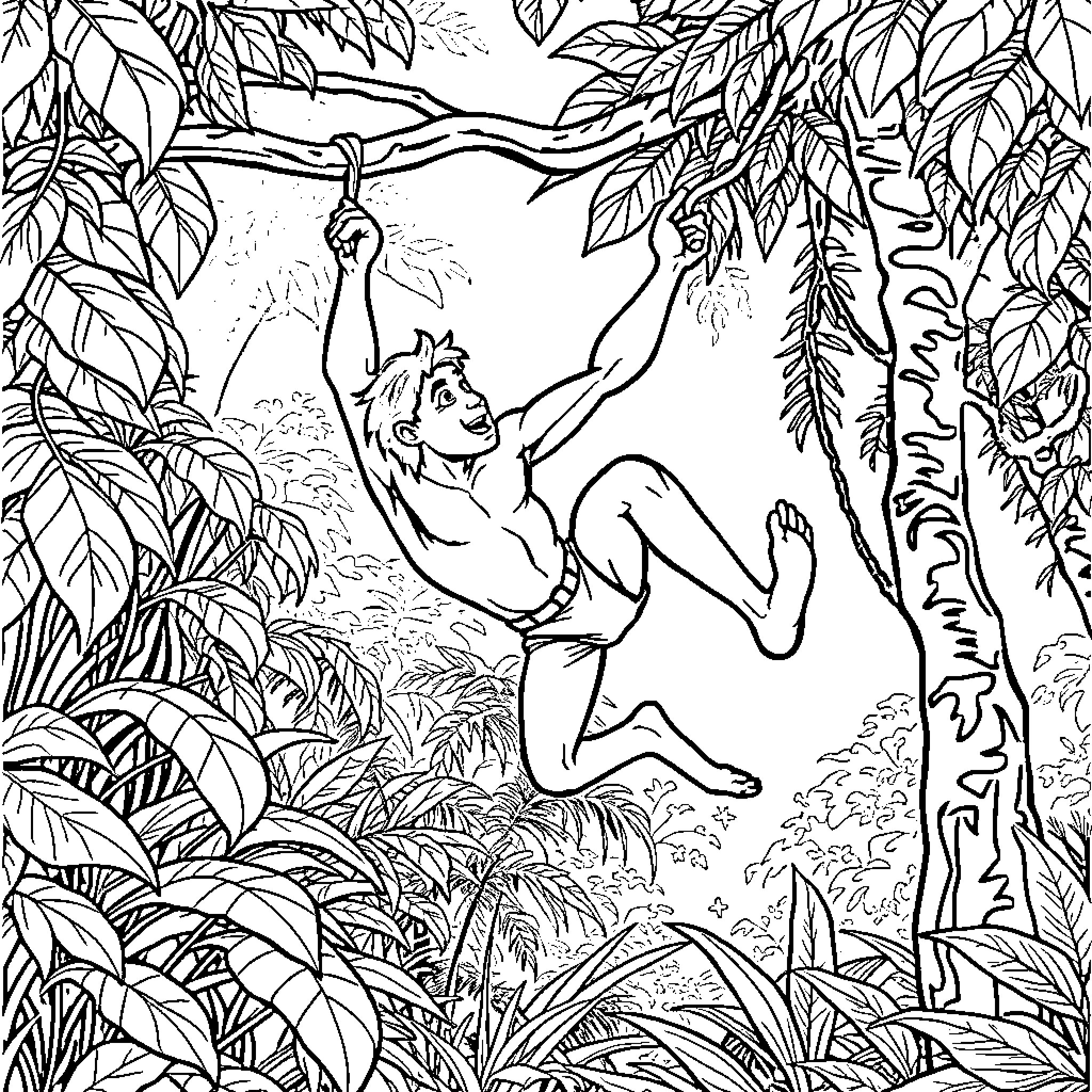 Tarzan swinging on vine through jungle foliage Coloring Page (free black-and-white line drawing printable PDF for all, from beginners to advanced learners, including children, teens, adults, and seniors)