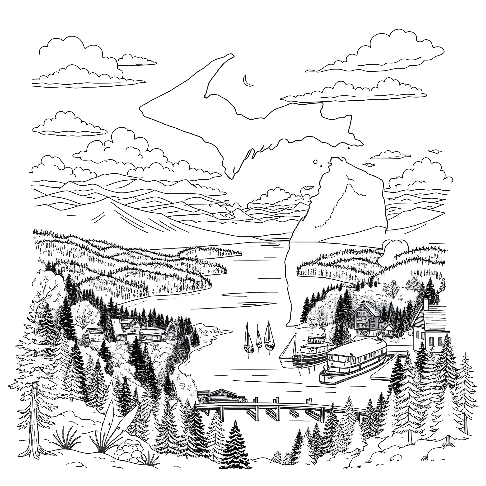 Michigan Scenic Landscape with Lakeside Cabins and Boats Coloring Page (free black-and-white line drawing printable PDF for all, from beginners to advanced learners, including children, teens, adults, and seniors)
