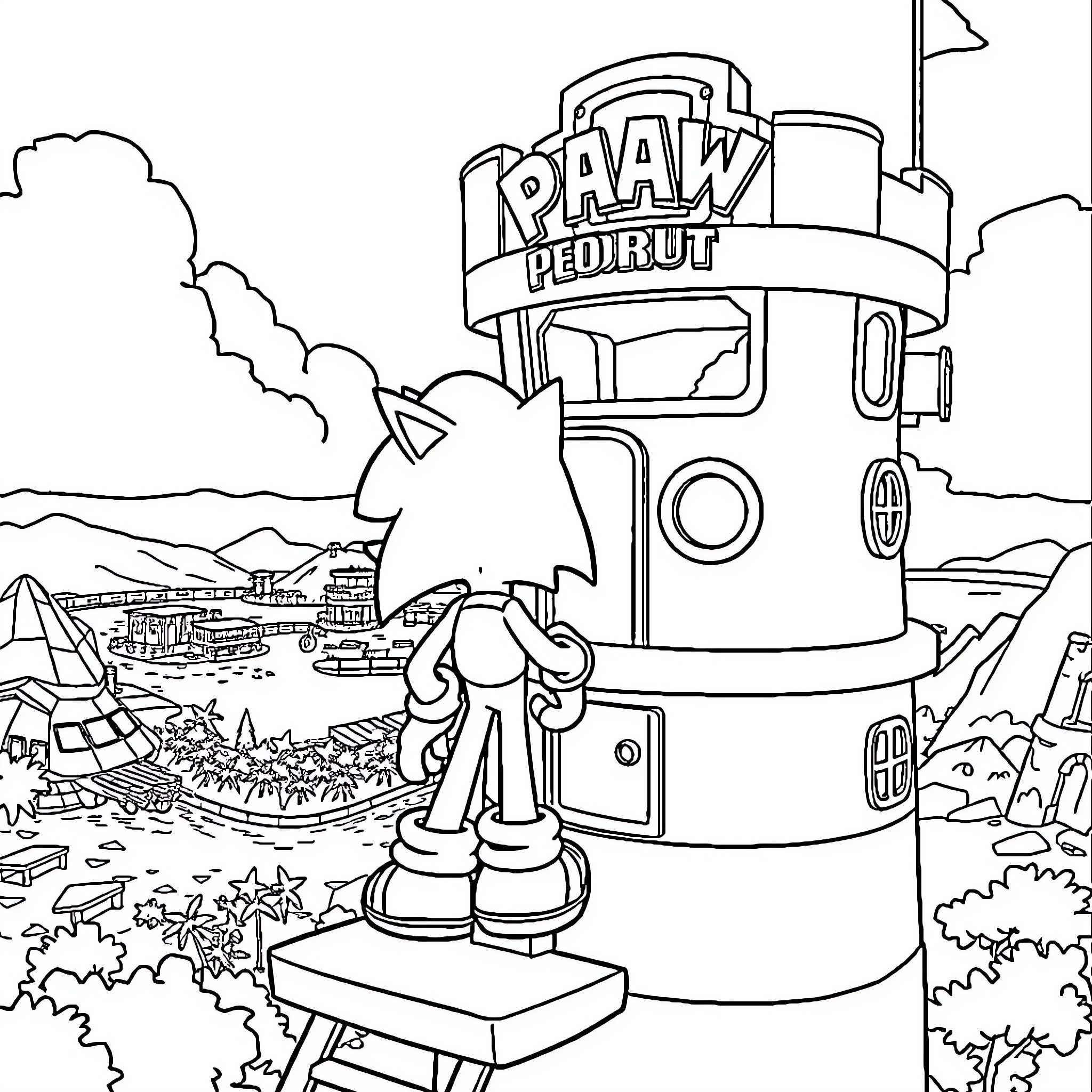 Sonic exploring a colorful amusement park Coloring Page (free black-and-white line drawing printable PDF for all, from beginners to advanced learners, including children, teens, adults, and seniors)