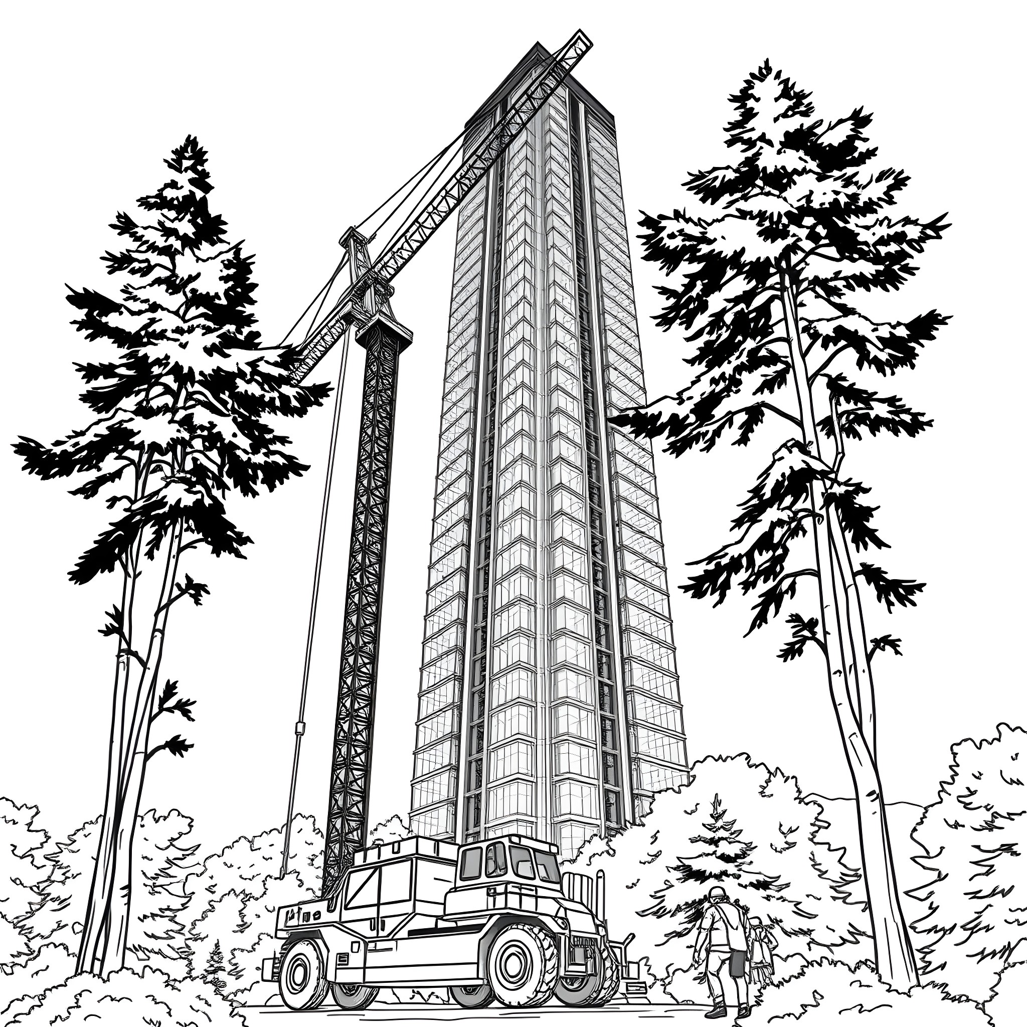 Construction Vehicle Lifting Tall Tower in Forested Area Coloring Page (free black-and-white line drawing printable PDF for all, from beginners to advanced learners, including children, teens, adults, and seniors)