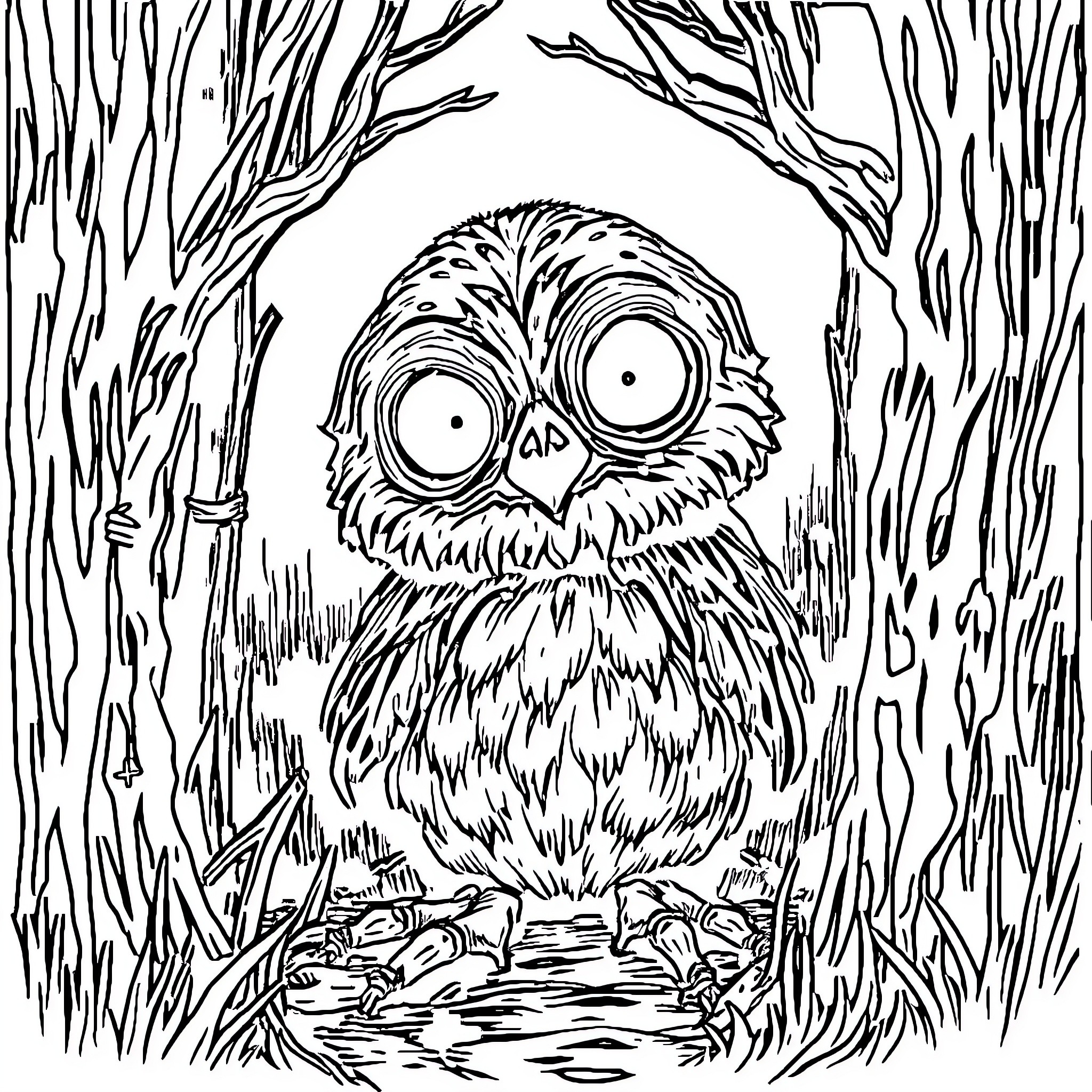 Labubu - Owl hiding in forest Coloring Page (free black-and-white line drawing printable PDF for all, from beginners to advanced learners, including children, teens, adults, and seniors)
