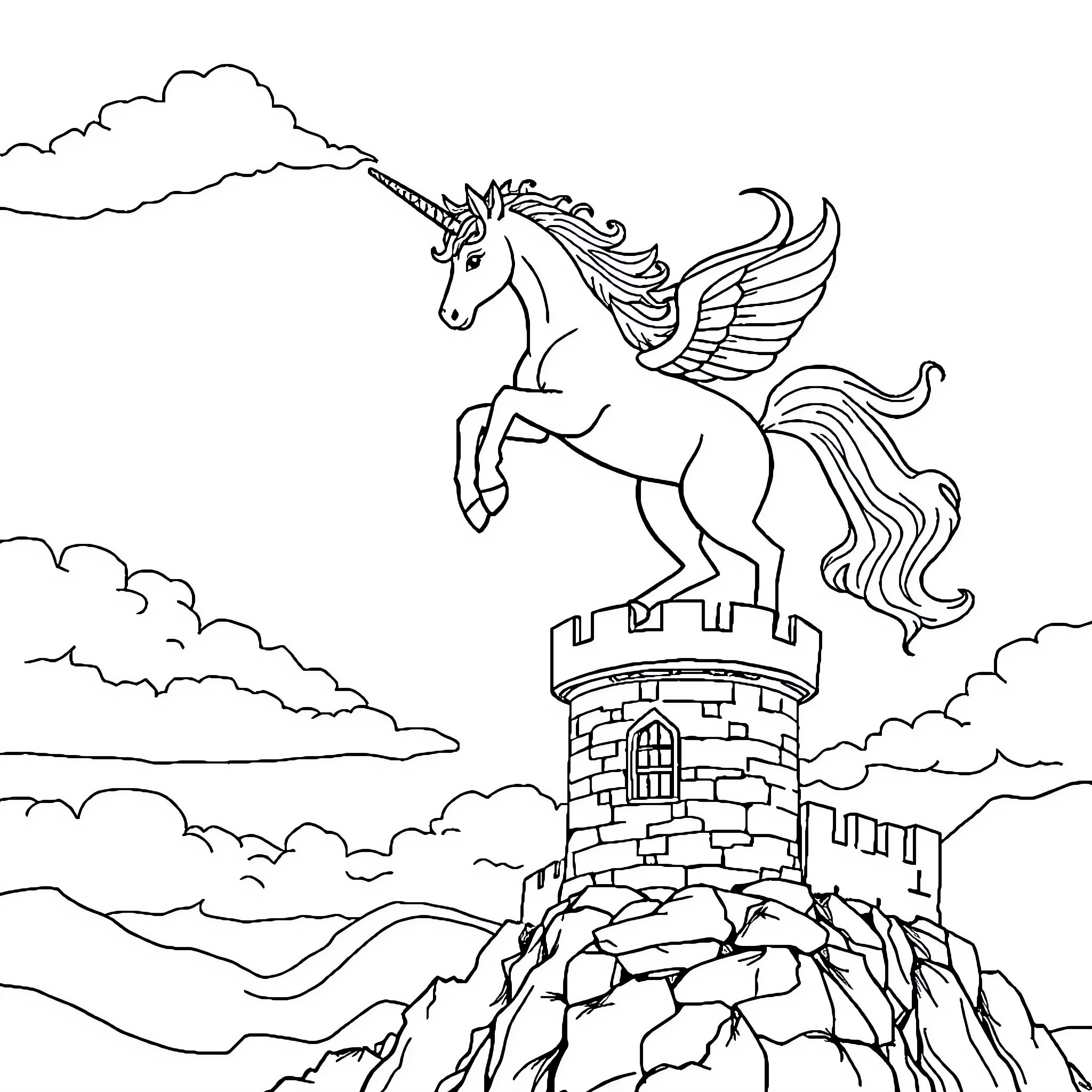 Unicorn majestic on castle tower Coloring Page (free black-and-white line drawing printable PDF for all, from beginners to advanced learners, including children, teens, adults, and seniors)