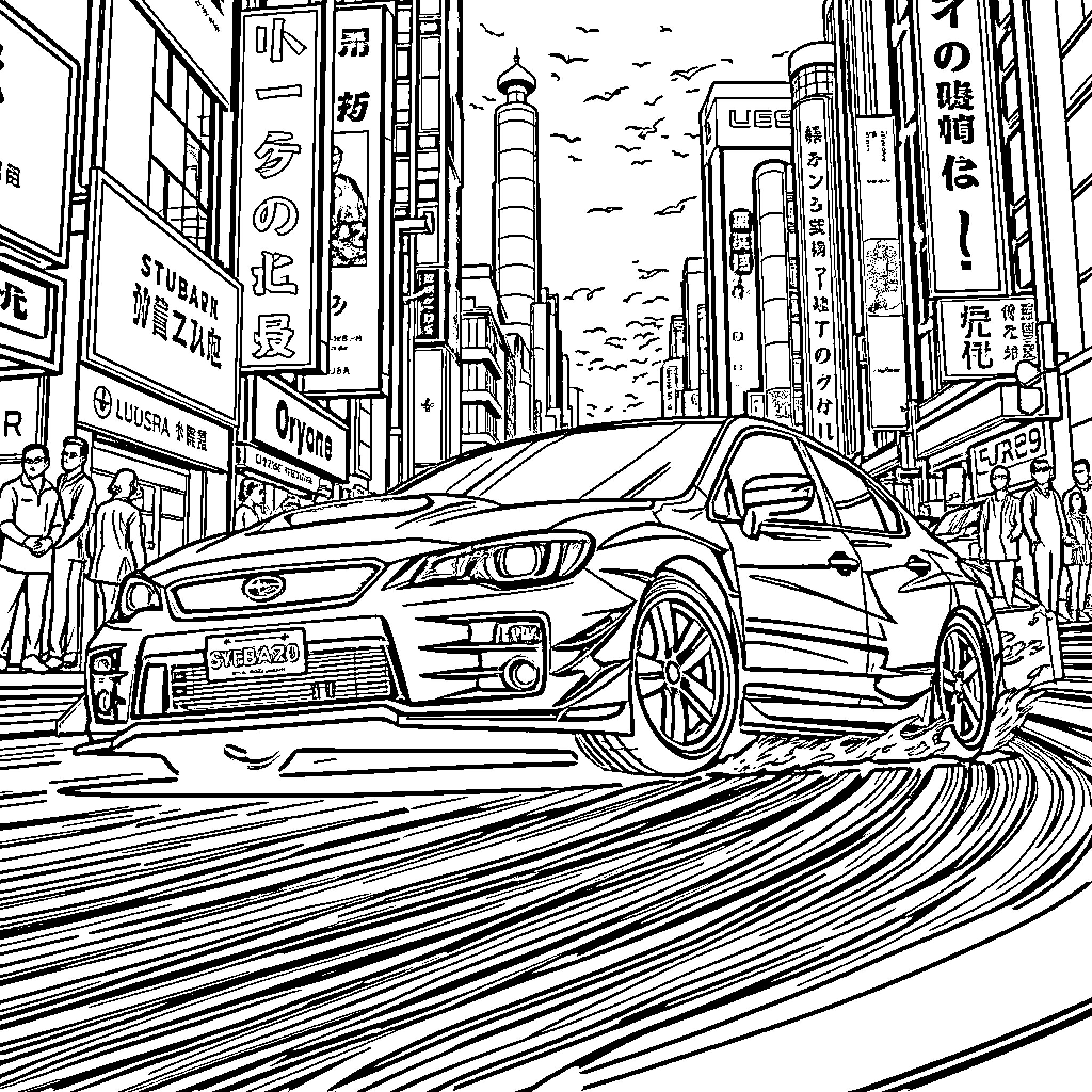 Subaru sports car in vibrant city scene Coloring Page (free black-and-white line drawing printable PDF for all, from beginners to advanced learners, including children, teens, adults, and seniors)