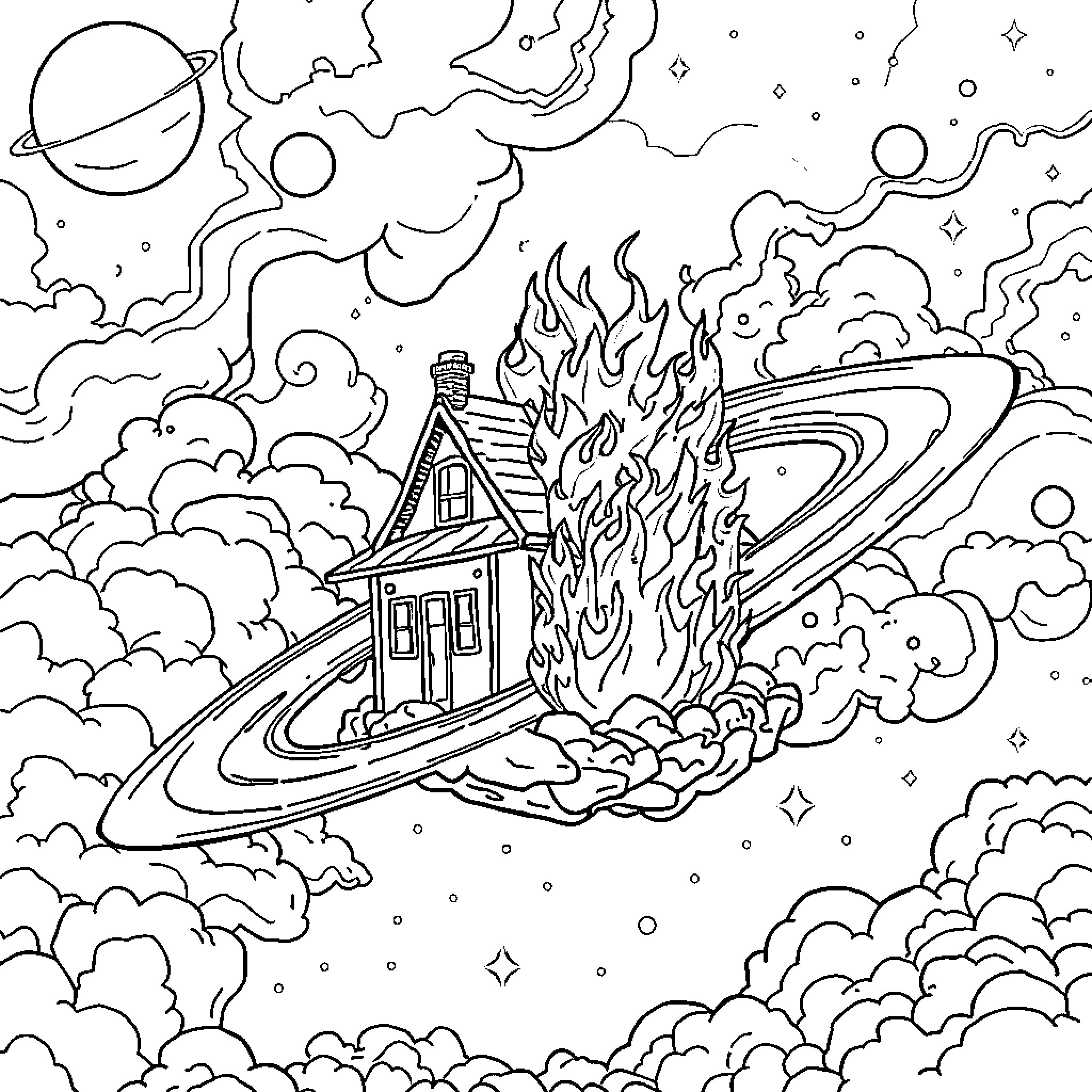 House in flames surrounded by cosmic elements Coloring Page (free black-and-white line drawing printable PDF for all, from beginners to advanced learners, including children, teens, adults, and seniors)