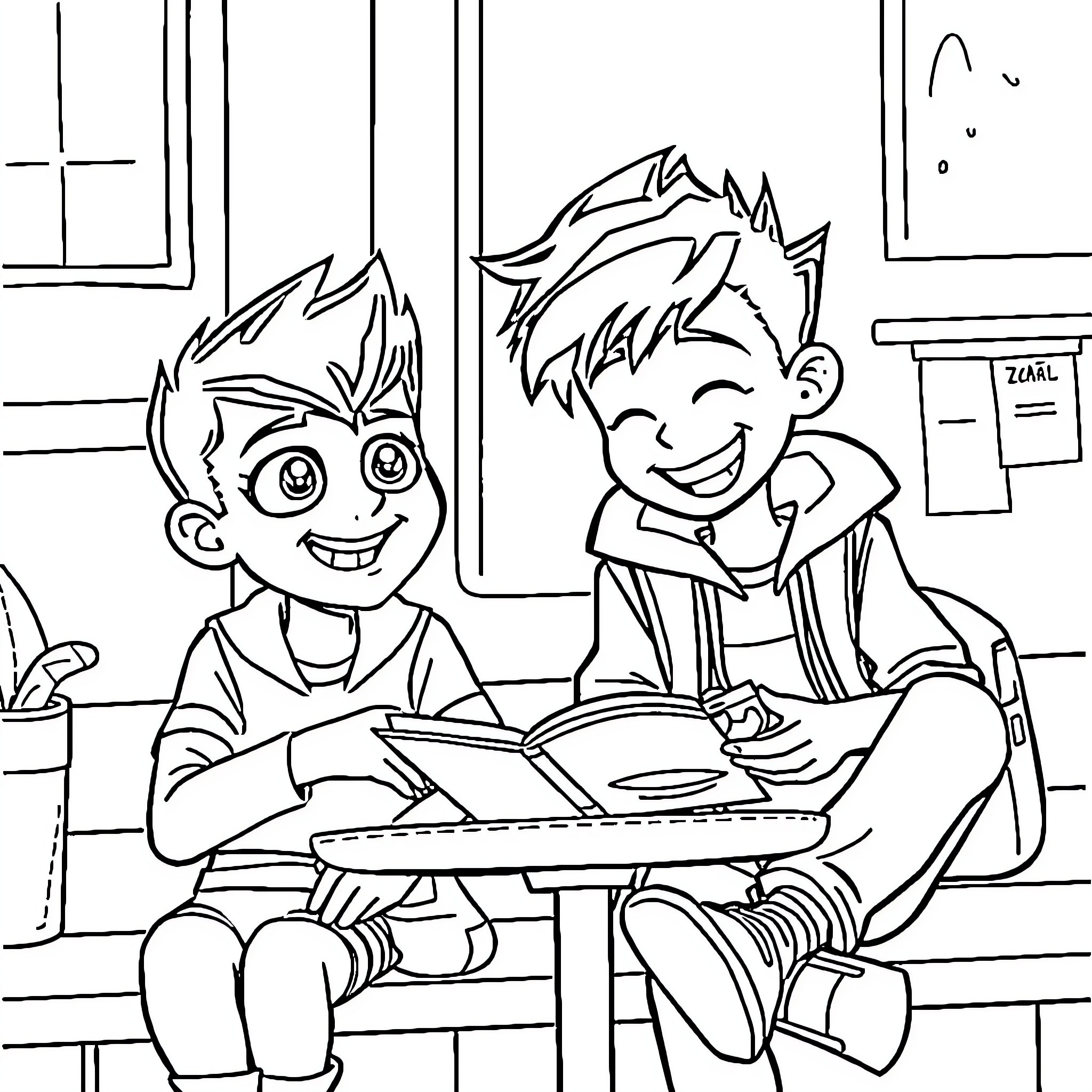 Ben 10 friends studying and having fun in the classroom Coloring Page (free black-and-white line drawing printable PDF for all, from beginners to advanced learners, including children, teens, adults, and seniors)