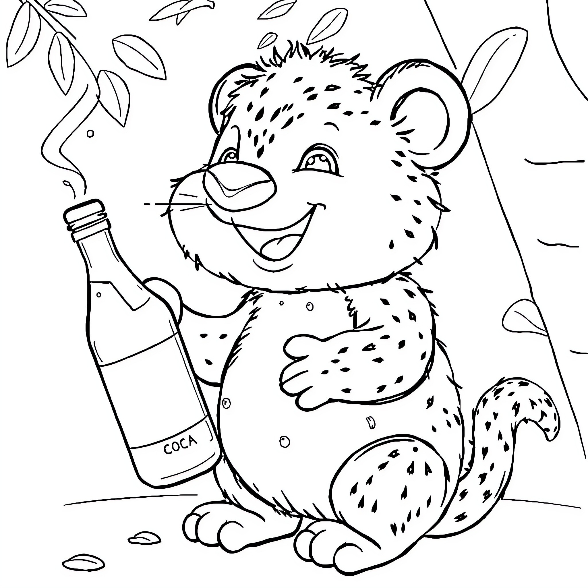 Labubu the Playful Leopard with Soda Bottle Coloring Page (free black-and-white line drawing printable PDF for all, from beginners to advanced learners, including children, teens, adults, and seniors)