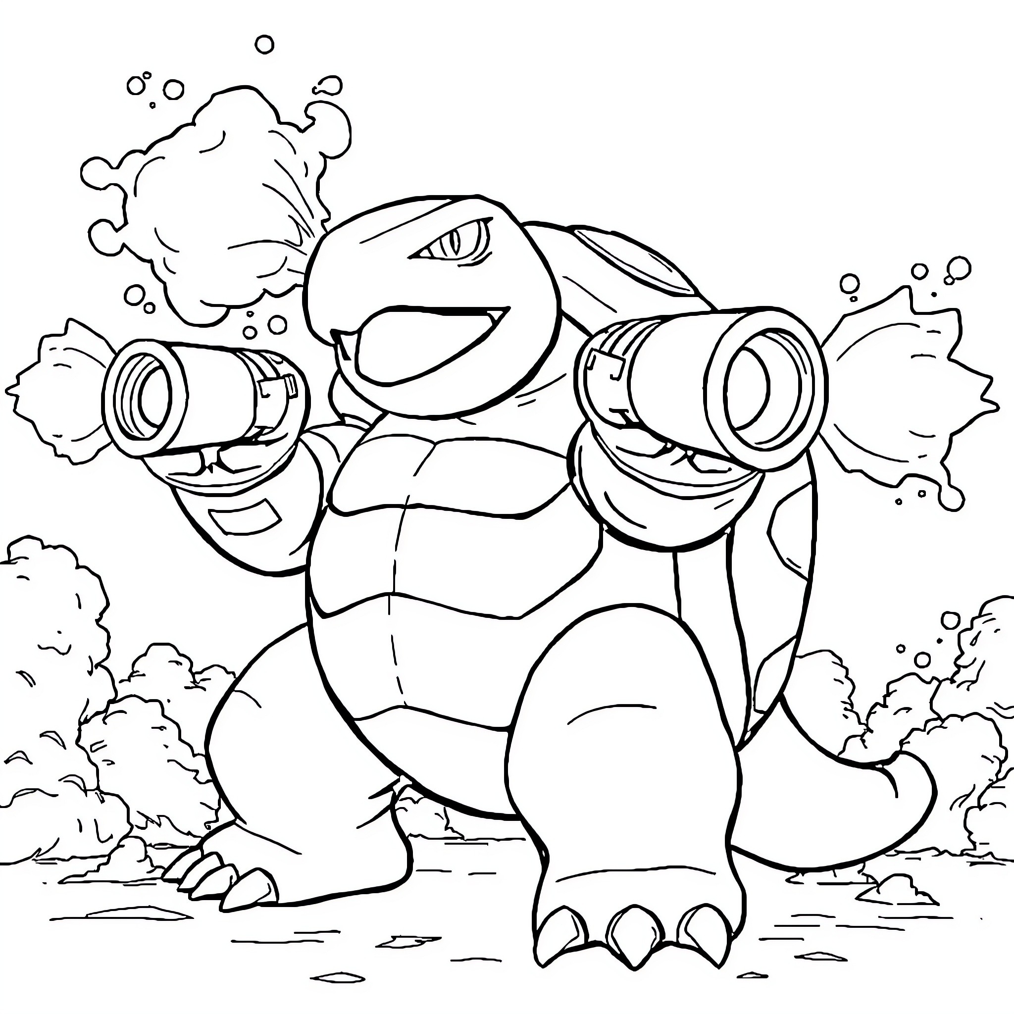 Blastoise firing powerful water jets from its cannons Coloring Page (free black-and-white line drawing printable PDF for all, from beginners to advanced learners, including children, teens, adults, and seniors)