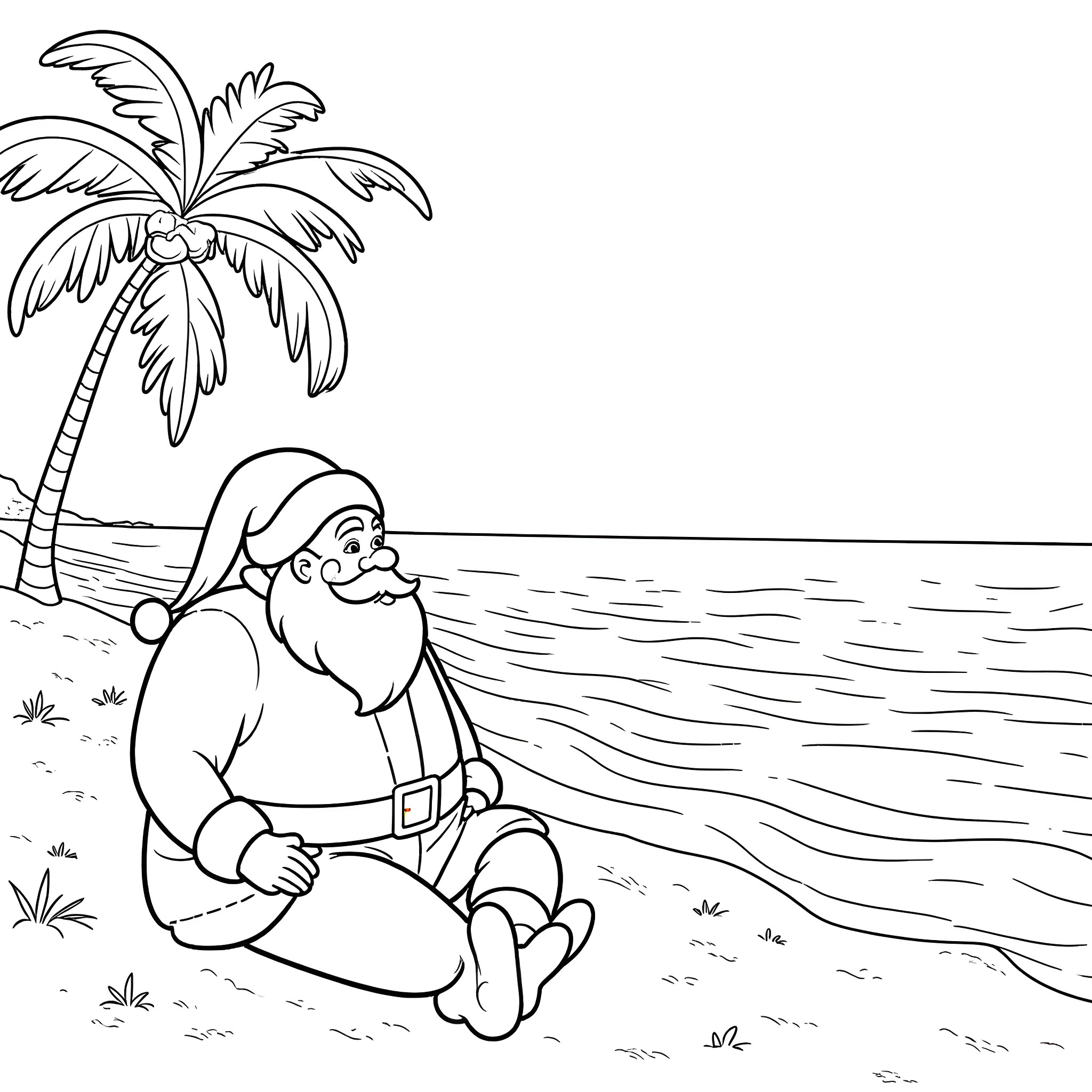 Santa resting on the beach under a palm tree Coloring Page (free black-and-white line drawing printable PDF for all, from beginners to advanced learners, including children, teens, adults, and seniors)
