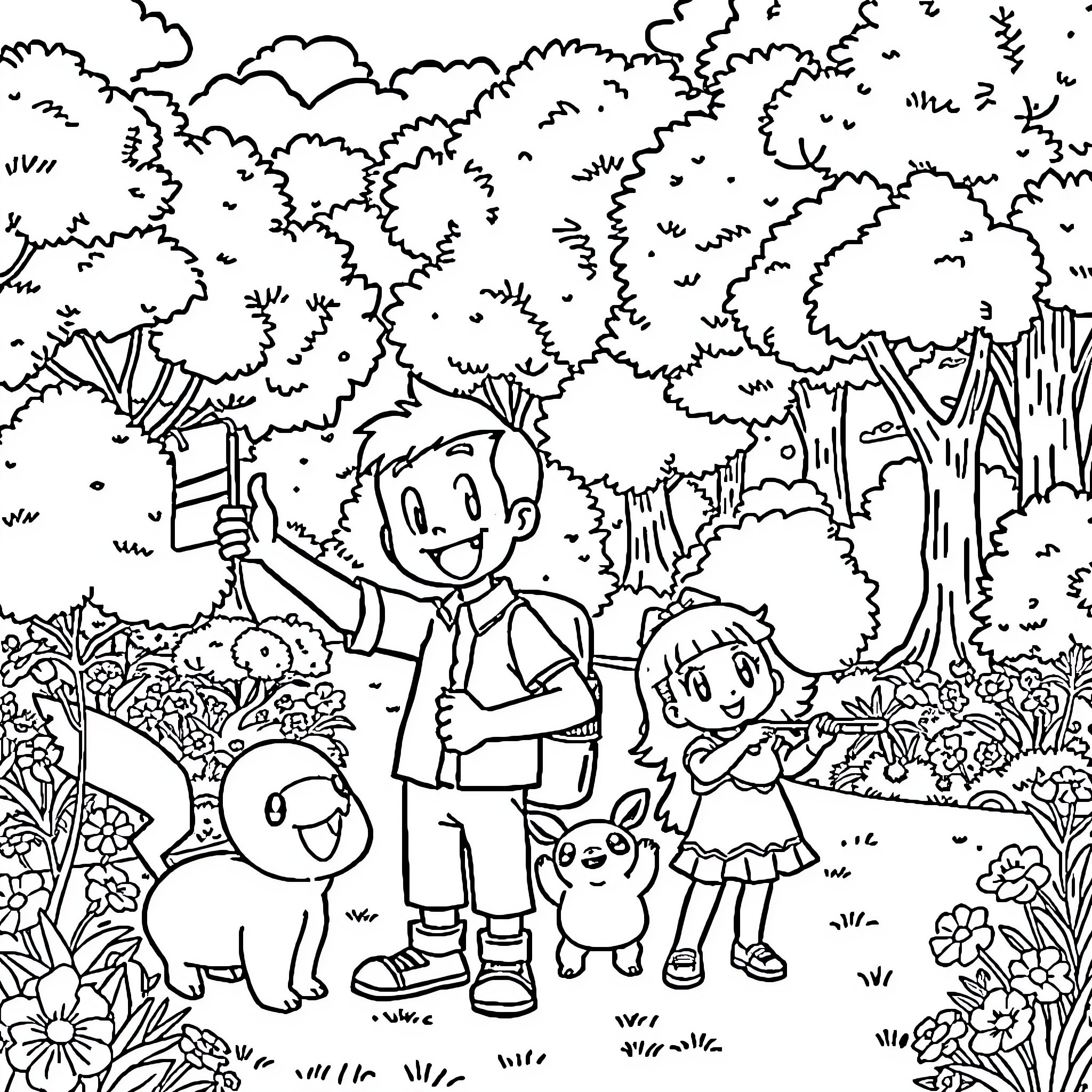 Lincoln Loud and family exploring the forest Coloring Page (free black-and-white line drawing printable PDF for all, from beginners to advanced learners, including children, teens, adults, and seniors)