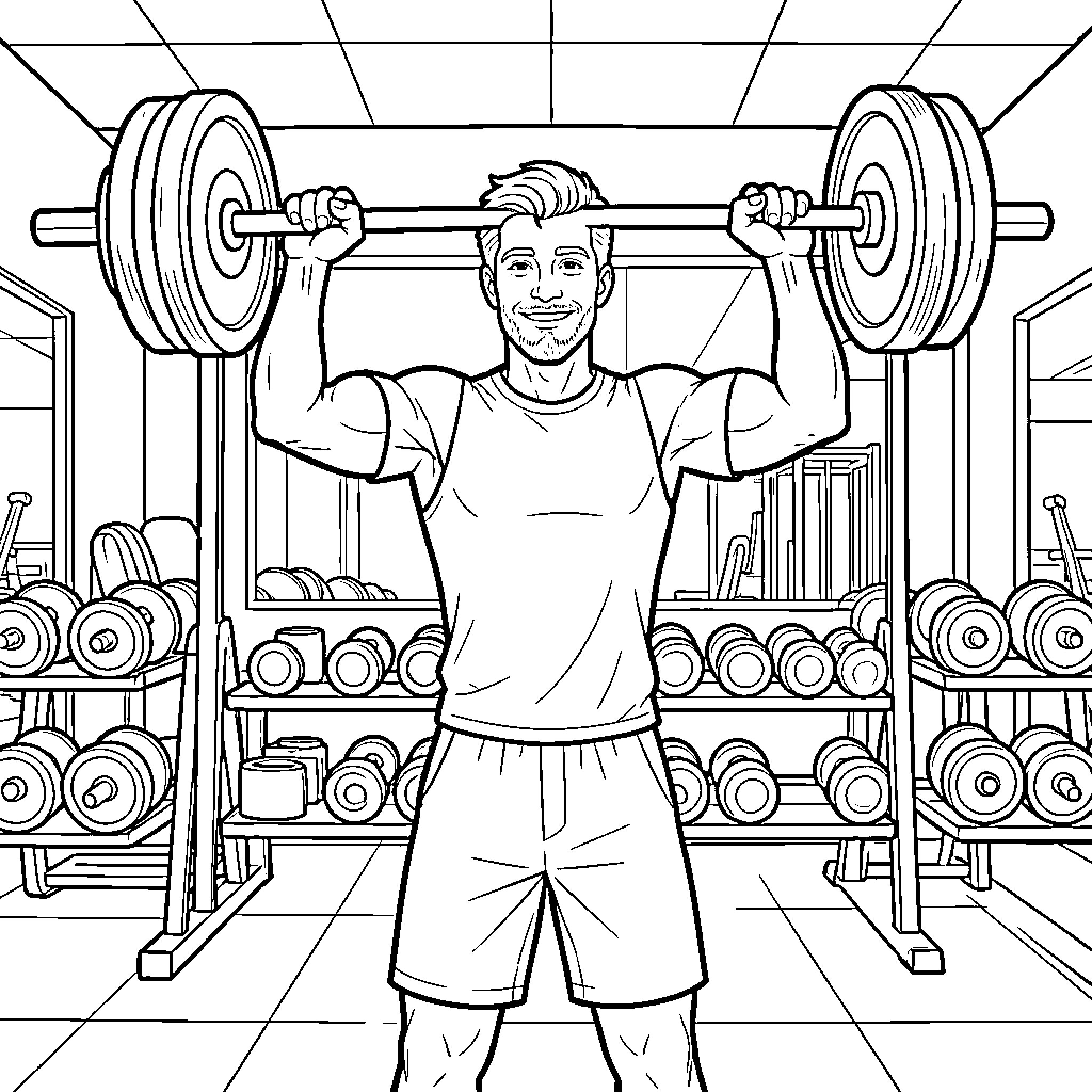 Homme lifting weights in fitness gym Coloring Page (free black-and-white line drawing printable PDF for all, from beginners to advanced learners, including children, teens, adults, and seniors)