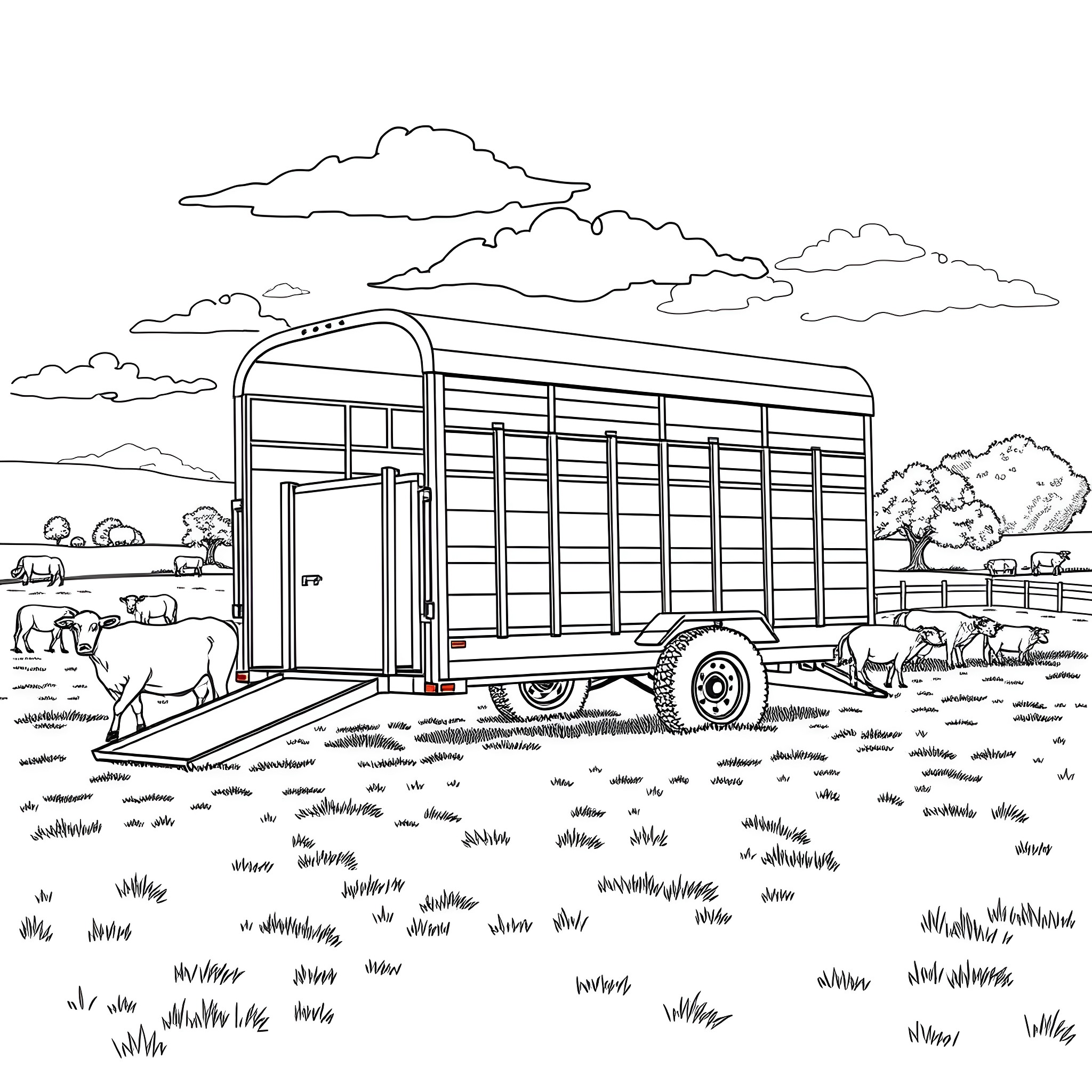 Livestock Trailer in Pastoral Rural Landscape Coloring Page (free black-and-white line drawing printable PDF for all, from beginners to advanced learners, including children, teens, adults, and seniors)
