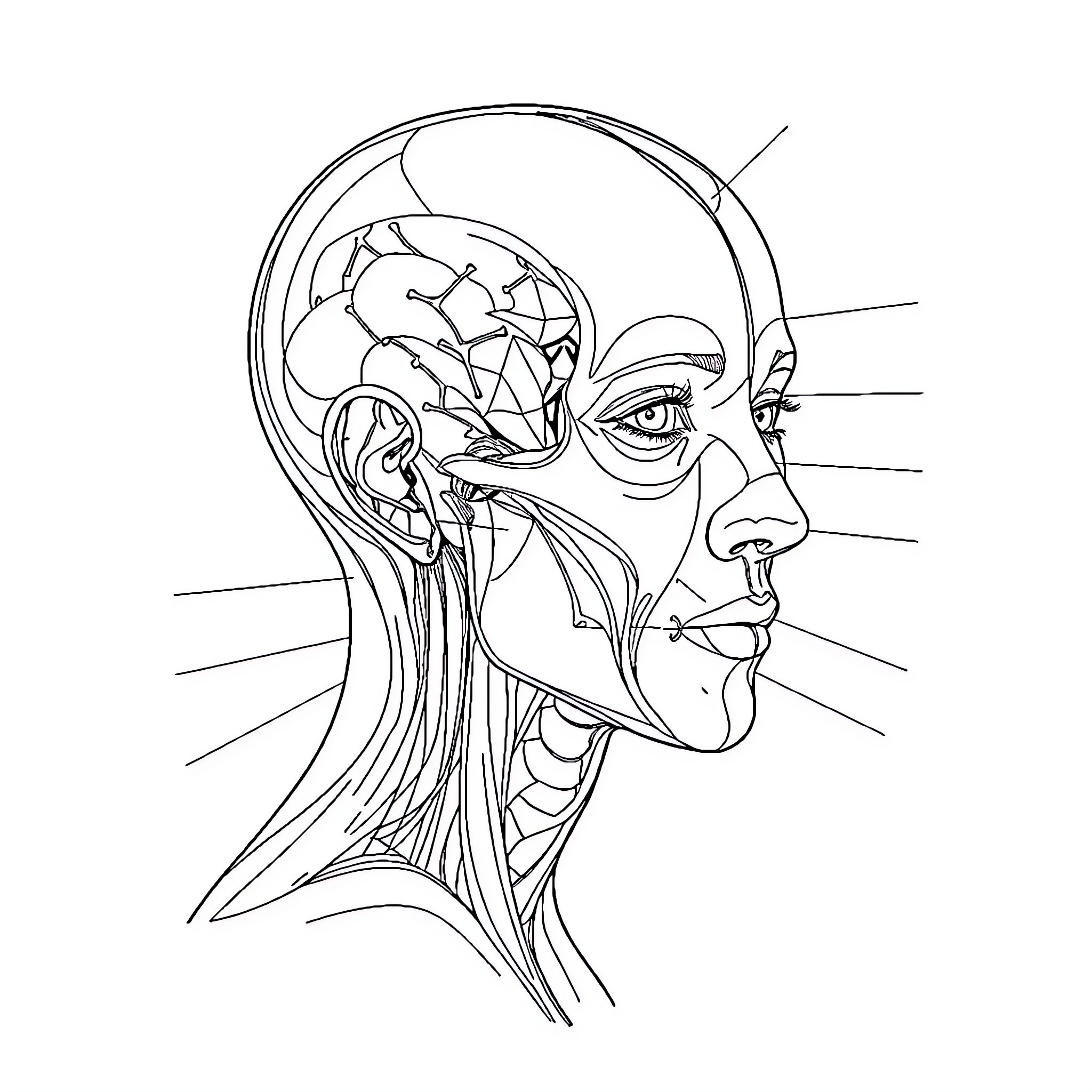 Face Anatomy of Abstract Human Profile Coloring Page (free black-and-white line drawing printable PDF for all, from beginners to advanced learners, including children, teens, adults, and seniors)
