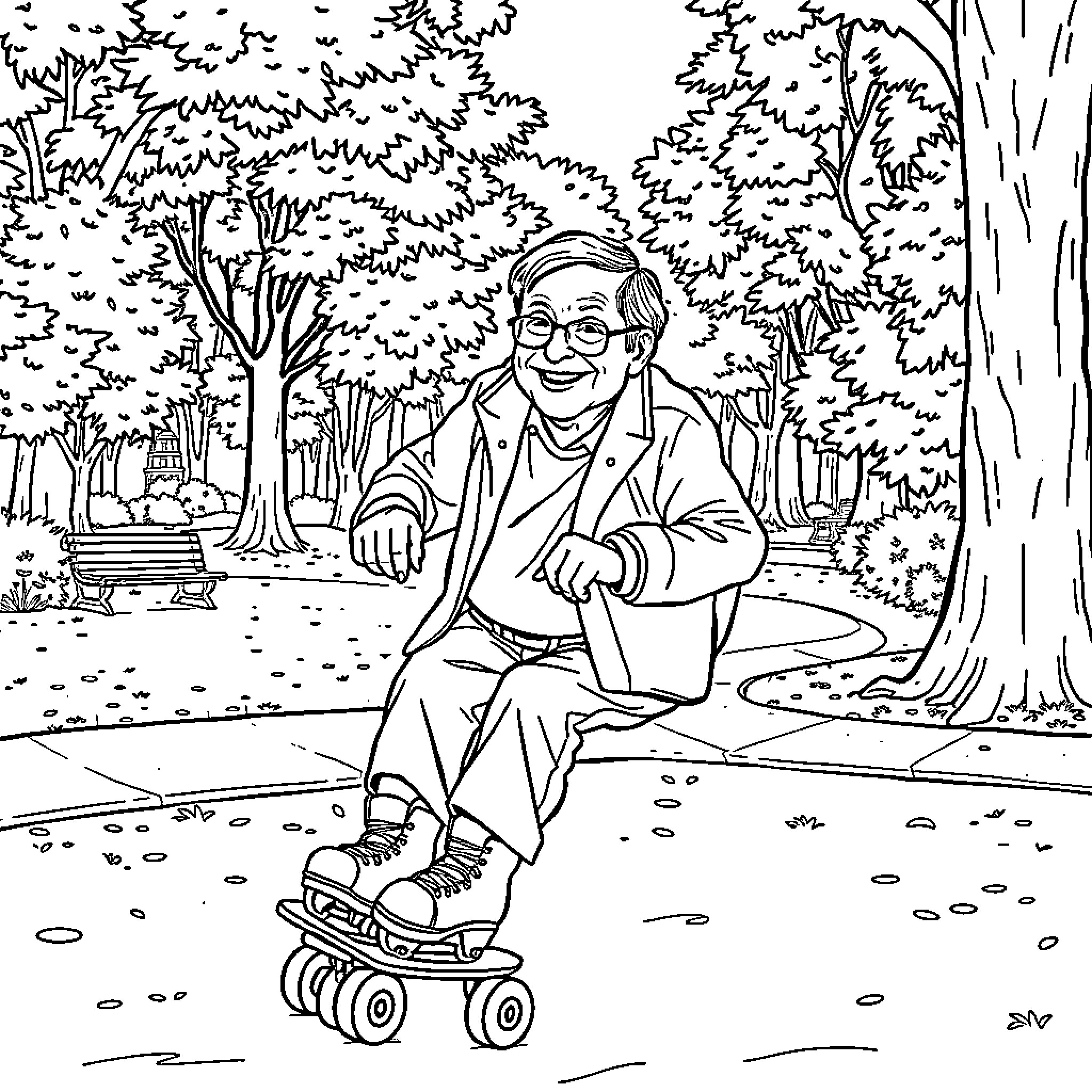 Stephen Hawking enjoying a leisurely stroll on roller skates in the park Coloring Page (free black-and-white line drawing printable PDF for all, from beginners to advanced learners, including children, teens, adults, and seniors)