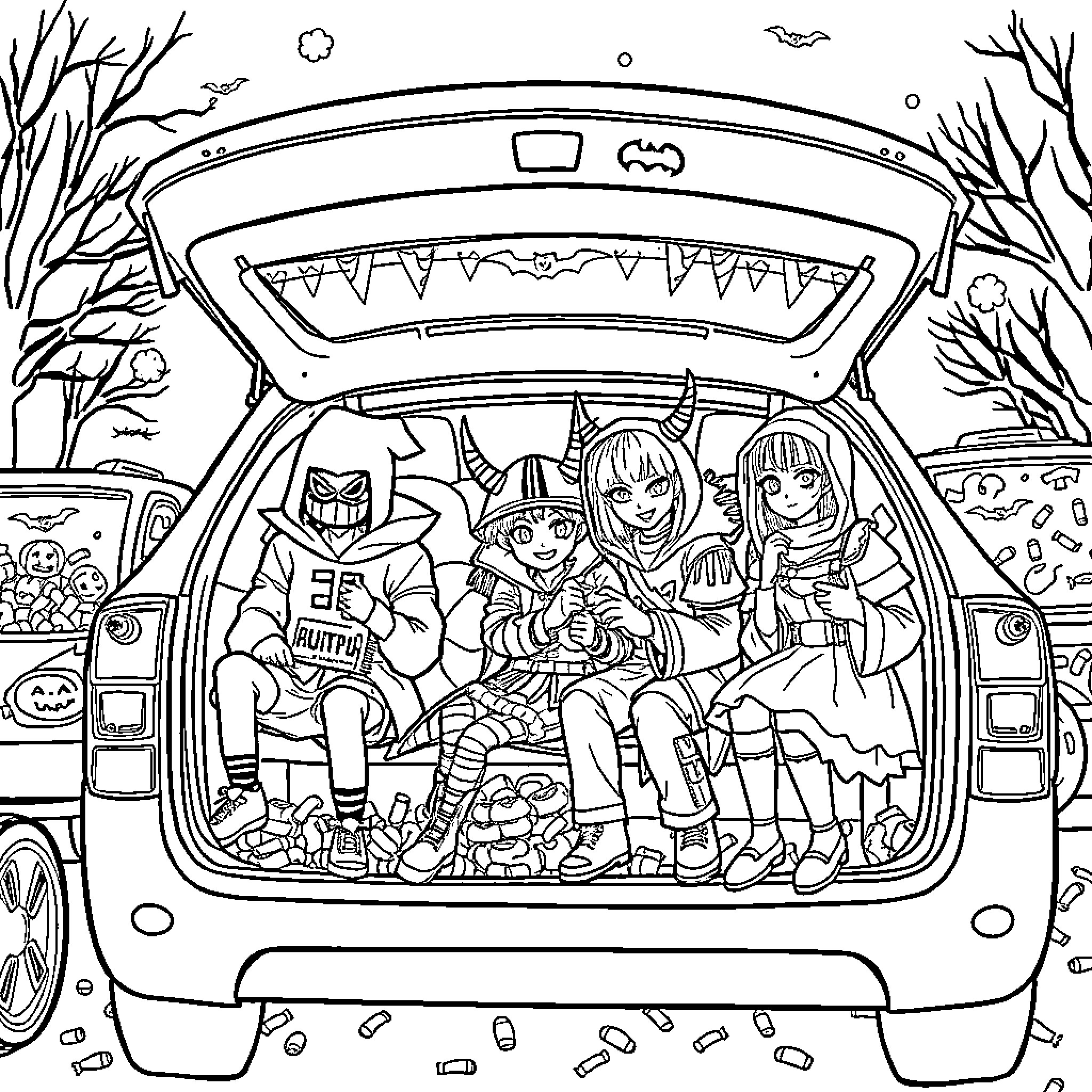 Demon Hunter Trio Celebrates Halloween Festivities Coloring Page (free black-and-white line drawing printable PDF for all, from beginners to advanced learners, including children, teens, adults, and seniors)