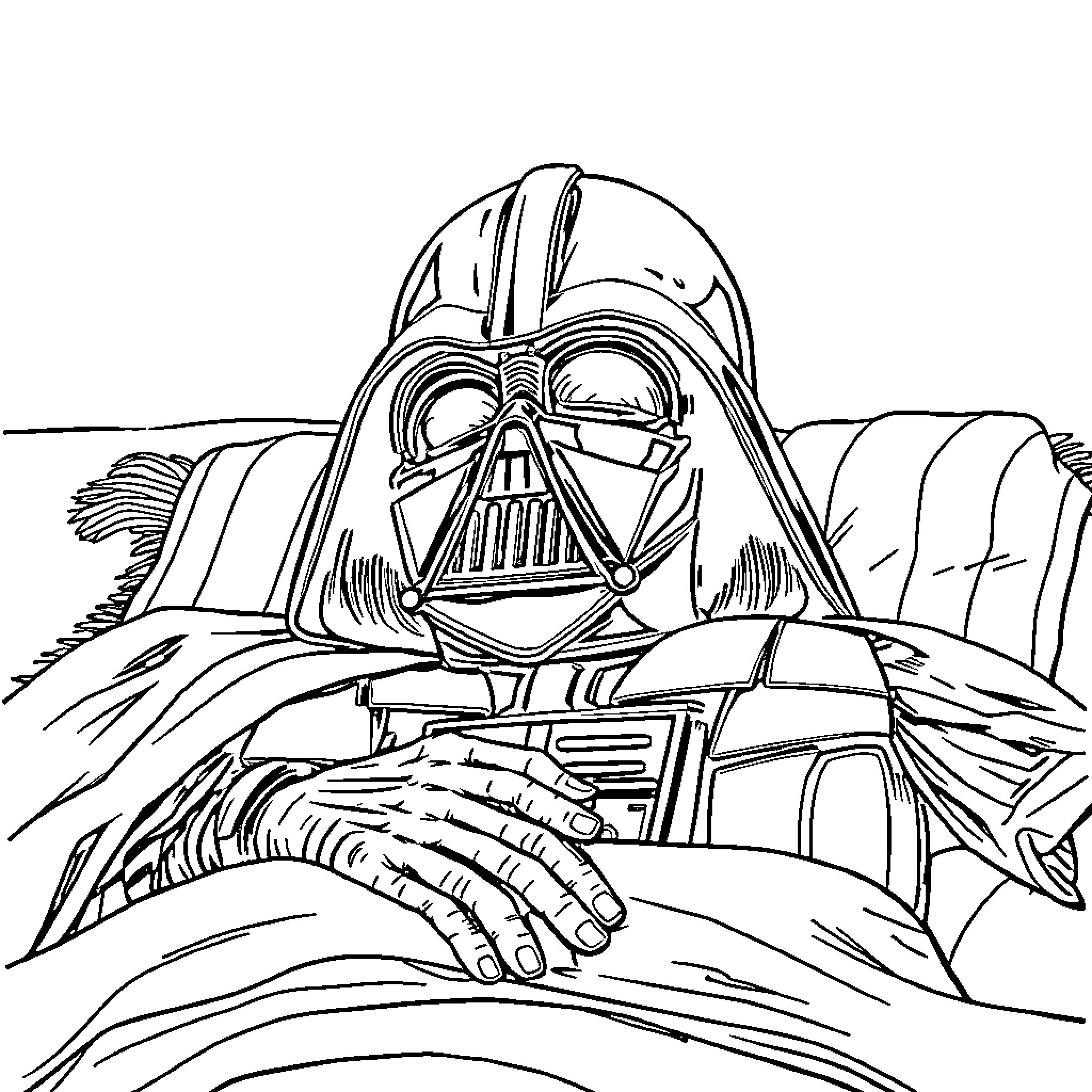Darth Vader in a contemplative pose Coloring Page (free black-and-white line drawing printable PDF for all, from beginners to advanced learners, including children, teens, adults, and seniors)